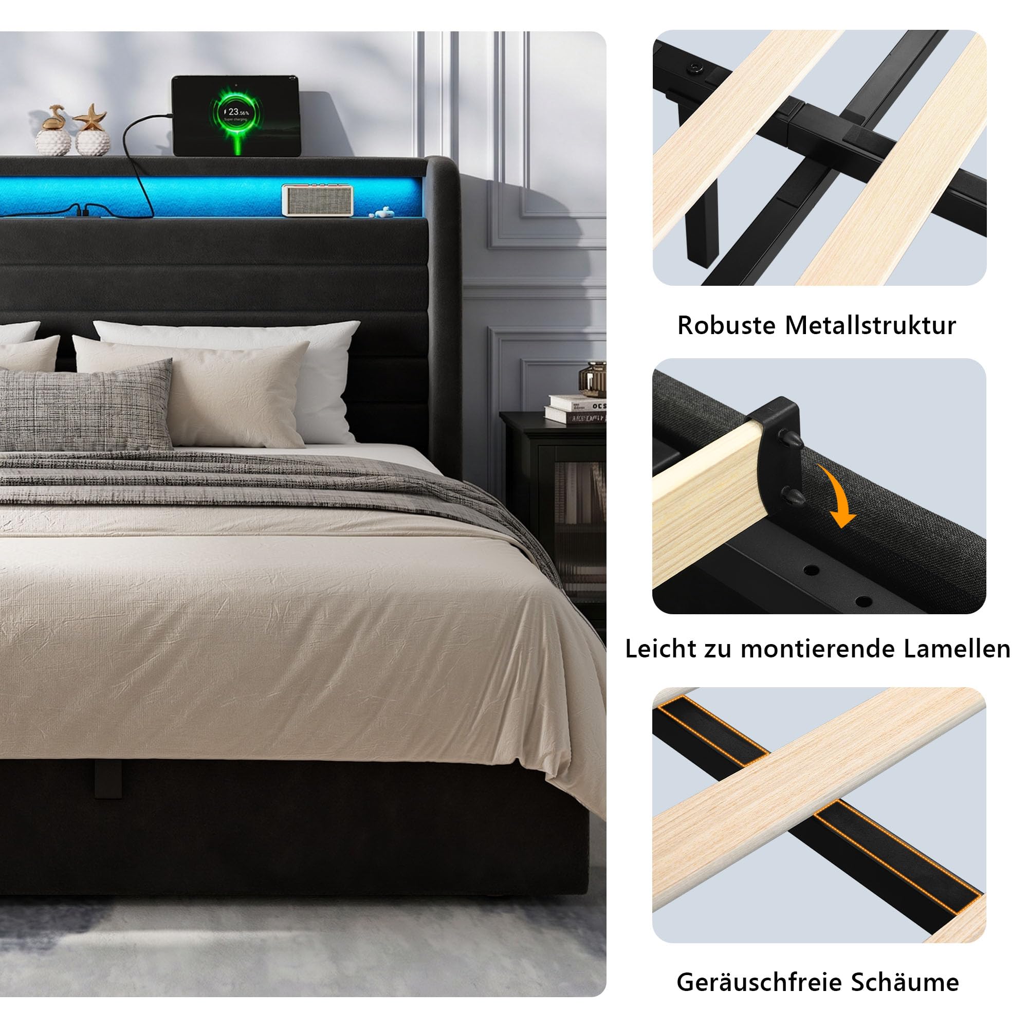 iPormis Bett 180x200 mit Stauraum, Polsterbett 180x200 cm mit LED-Beleuchtung & Ladestation, Bettgestell mit Hydraulischem und Leinen Kopfteil Stauraum, Lattenrost, Ohne Matratze, Velous Dunkelgrau