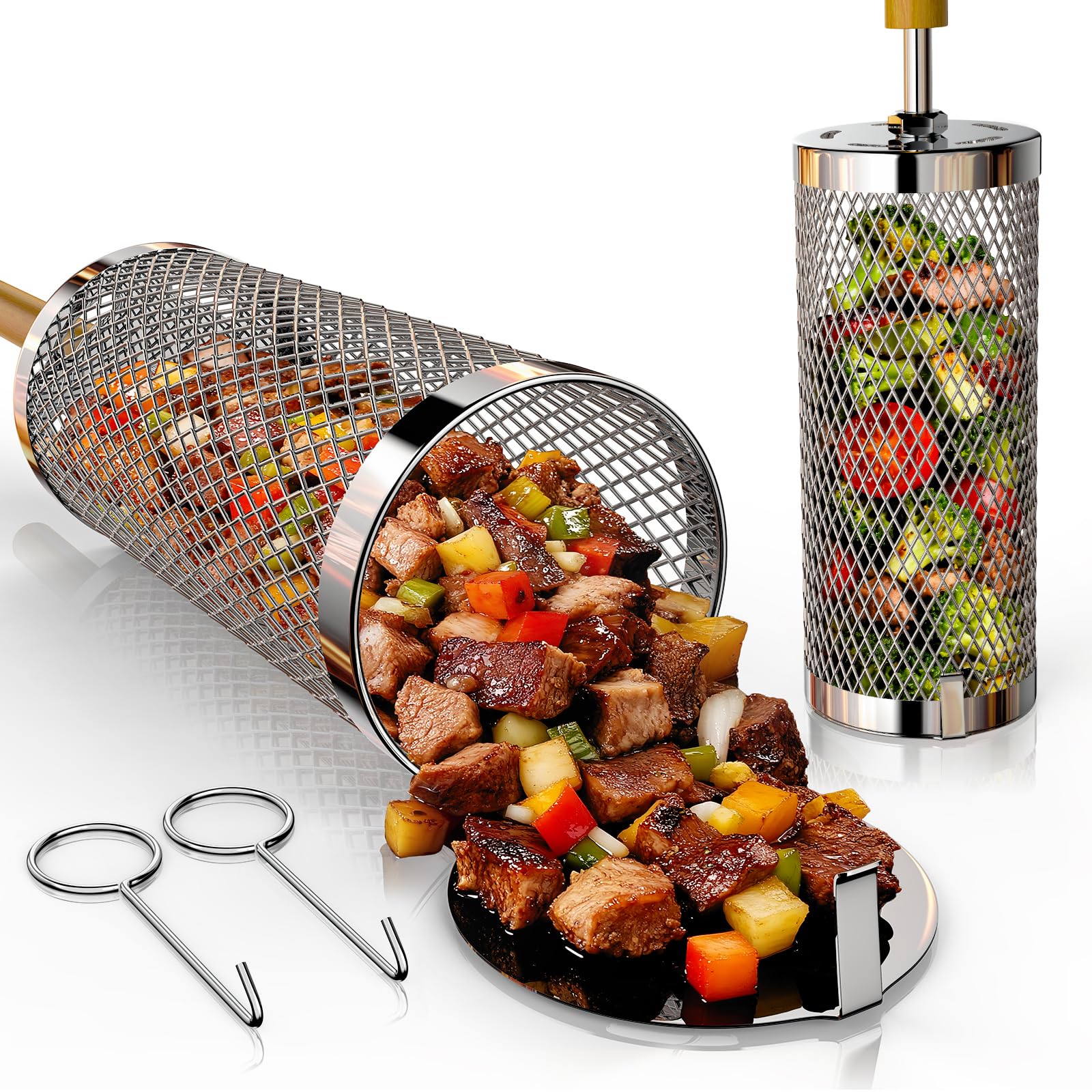 Rolling Grill Basket 2-Pack 304 Stainless Steel Grill Basket with Removable Wooden Handle BBQ Tool Smoker Accessory for