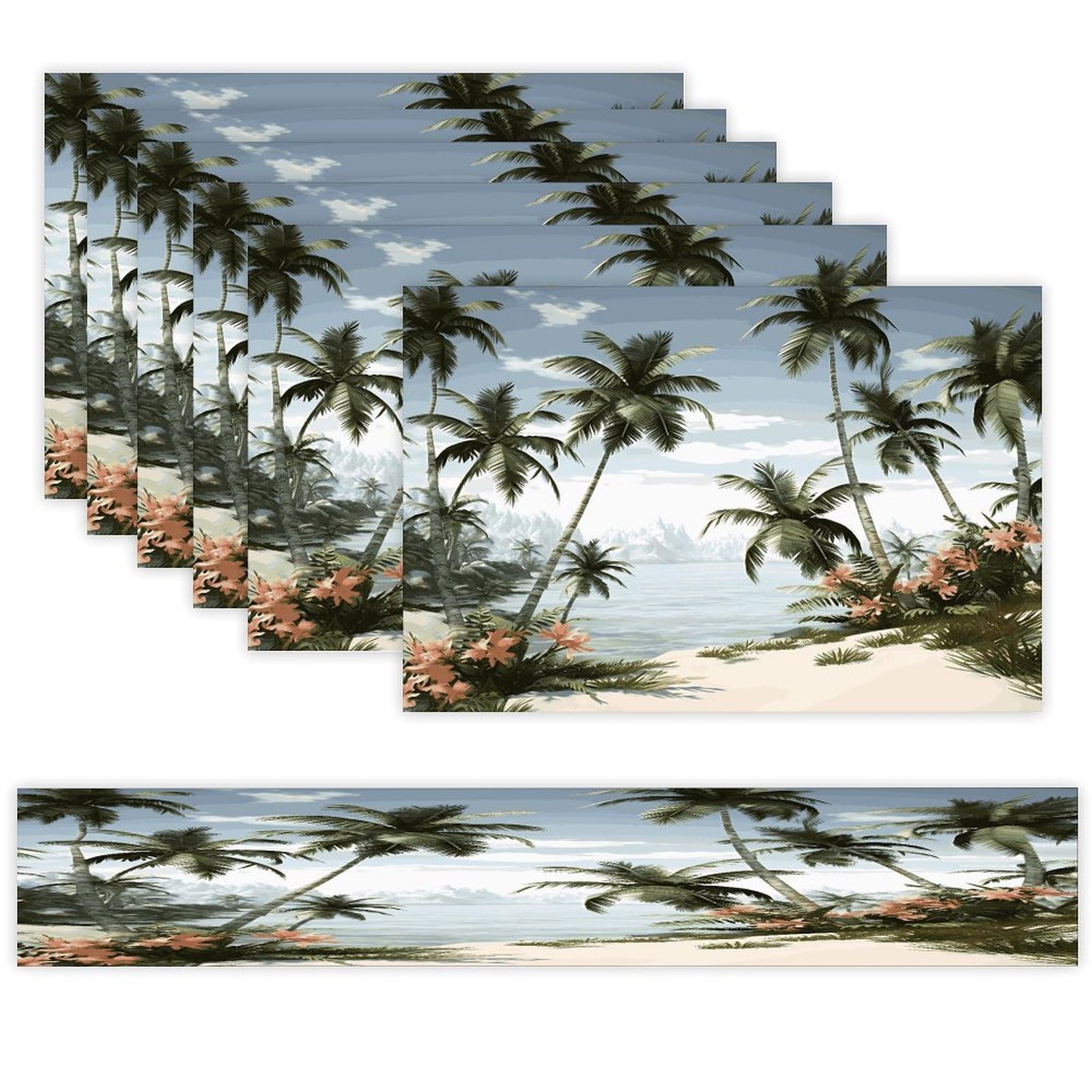 Tropical Palm Trees Table Runner and Placemats Set of 6 Wipe Clean Heat Resistant Table Mat with Table Runner Decorations Flax Linen Place Mat Set for Home Kitchen Party Supplies
