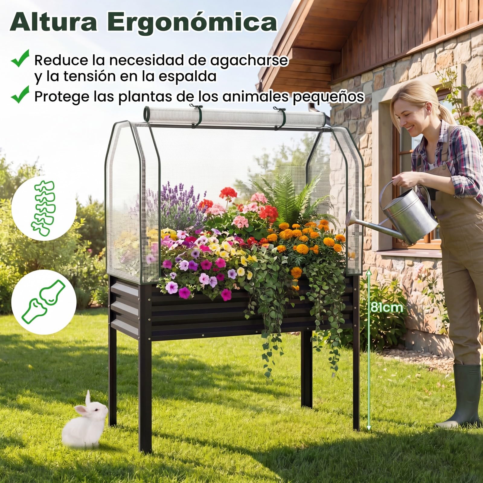 COSTWAY Jardinera Elevada con Invernadero, Cama de Jardín de Metal Galvanizado con Cubierta de Protección, Puerta Enrollable, Huerto Urbano Exterior para Patio, Terraza, Balcón (Negro)