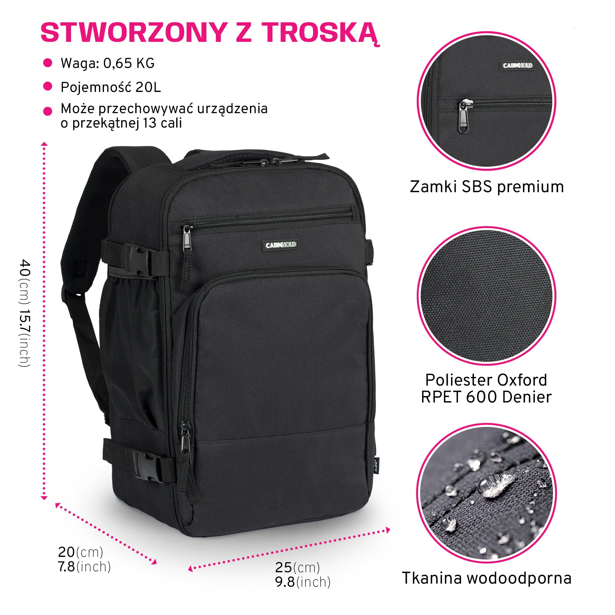 Berlin 20L 45x20x25 cm Lekki Plecak Podróżny – Zatwierdzony jako Bagaż Kabinowy Ryanair & EasyJet, Wodoodporny Poliester Oxford 600D, Bezpieczne Klipsy Kompresyjne