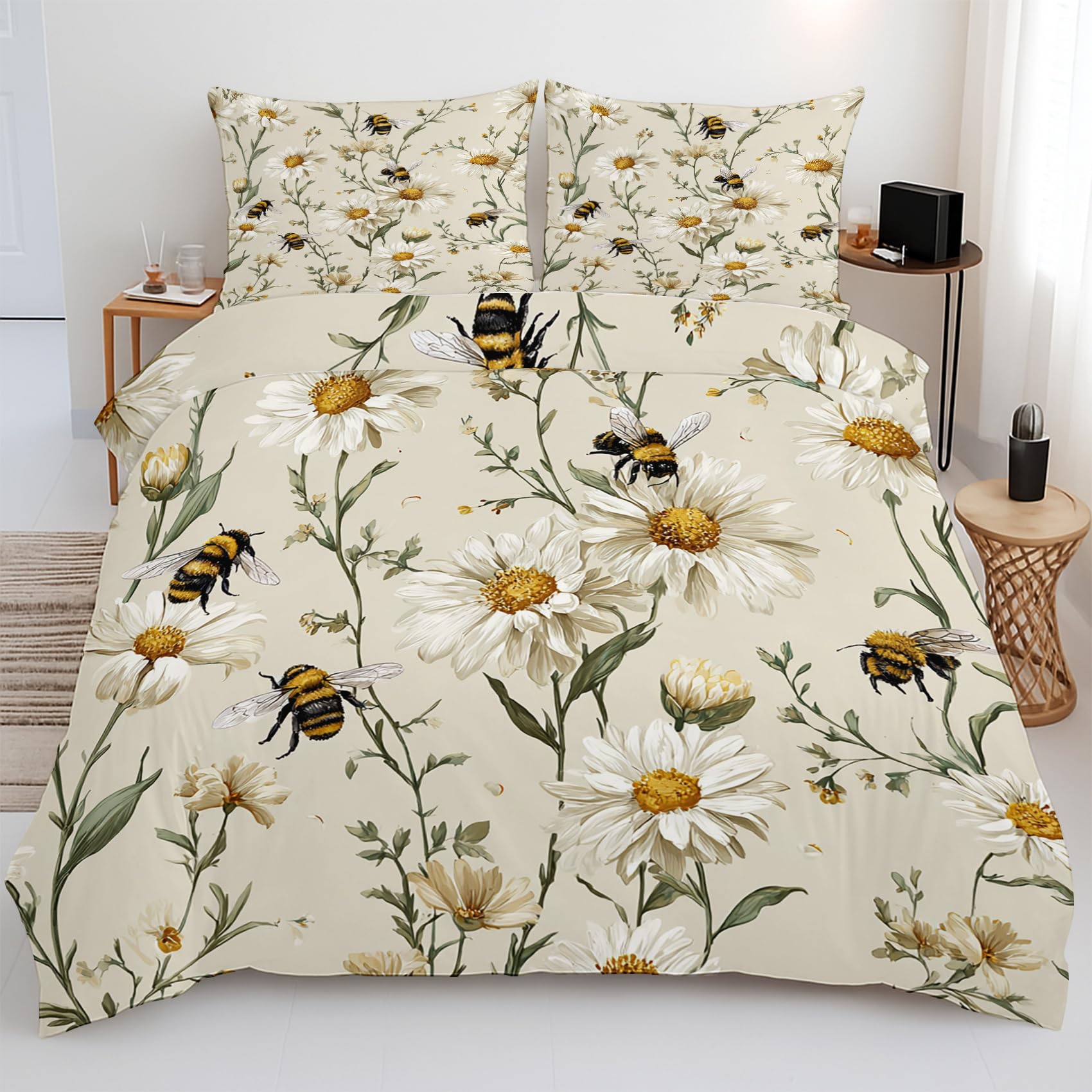 Housse de couette 220x240 vintage fleurs en microfibre douce avec fermeture éclair invisible