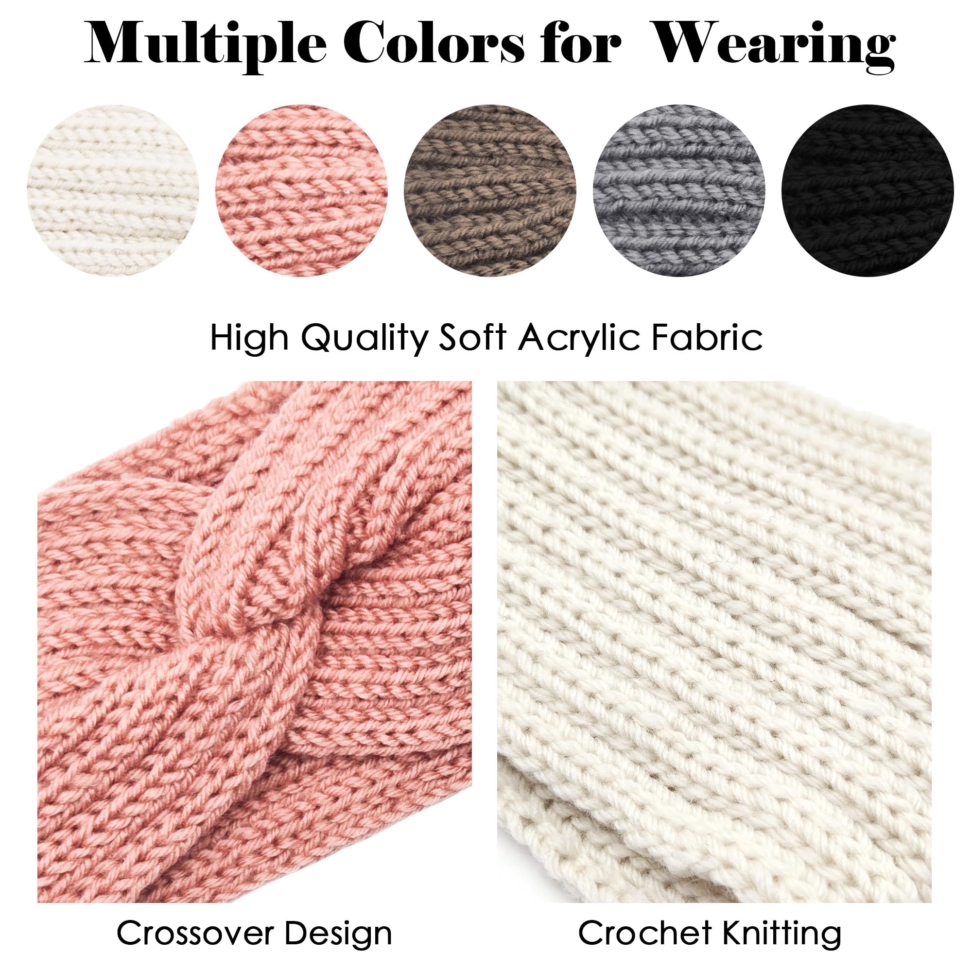 Ammiko Winter Headbands for Women 5Pcs Knit Thick Ear Warmers Headwrap Elastic Crocheted Headbands Warm Winter Accessories