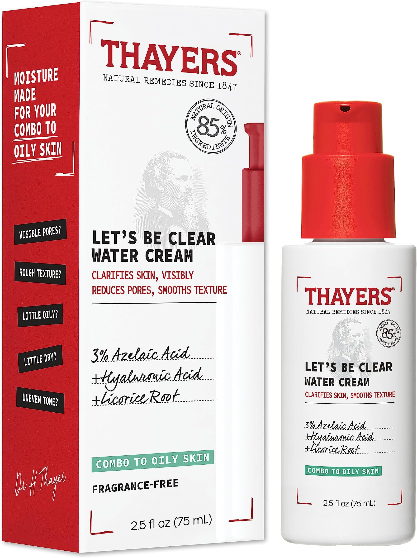 Thayers Let's Be Clear Water Face Cream - Moisturiser with Azelaic Acid and Hyaluronic Acid - Skin Care for Combination Skin and Oily Skin - 75 ml