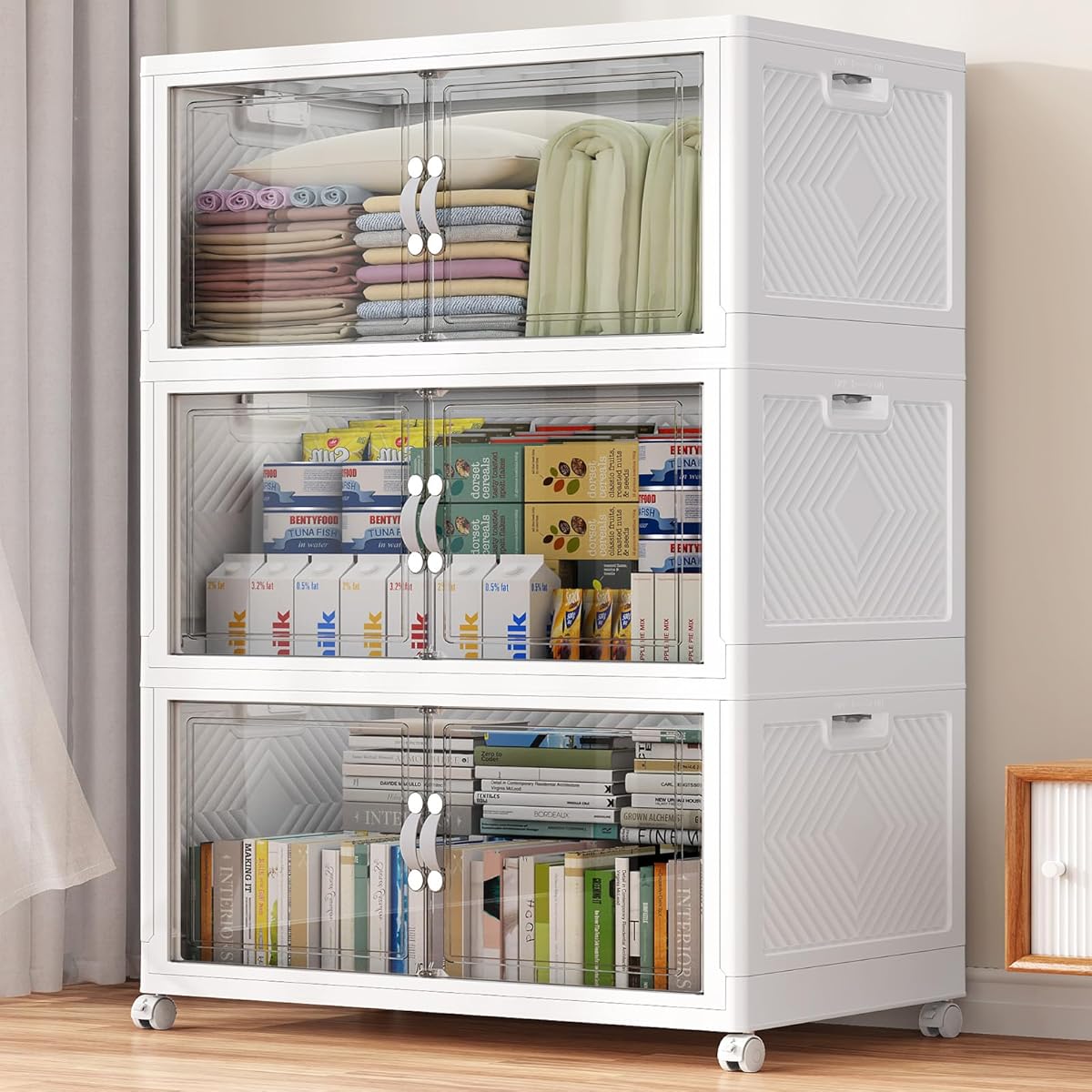 480QT Extra Large Stackable Storage Bins, 120Gal Clear Plastic Closet Organizer Cabinet with Lid and Wheels, Collapsible Latch Boxes Folding Drawer with Door for Home Office, V20 3Pack White