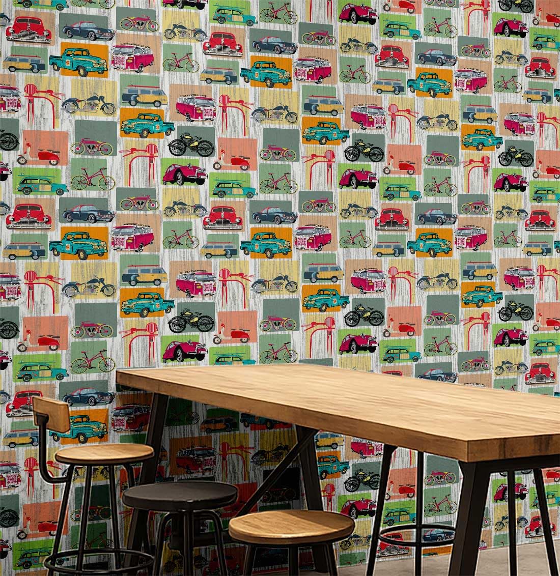 Papier peint Véhicules rétro S4Sassy vinyle texturé autocollant mural multicolore 63x304 cm