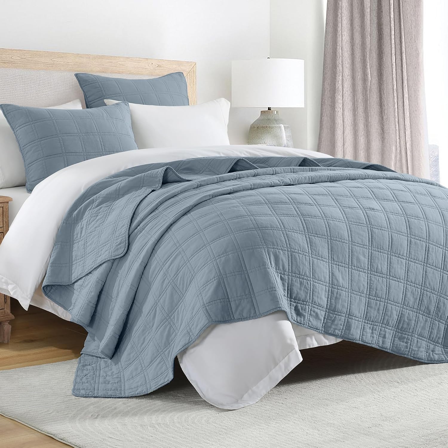 HORIMOTE HOME 100% Cotton Quilt Set Queen Size, Adriatic Blue Pre-Washed Bedspreads Coverlet Set in Geometric Pattern, Cozy Lightweight Stitching Decorative Bedding Cover with 2 Shams for All Season Adriatic Blue Full/Queen