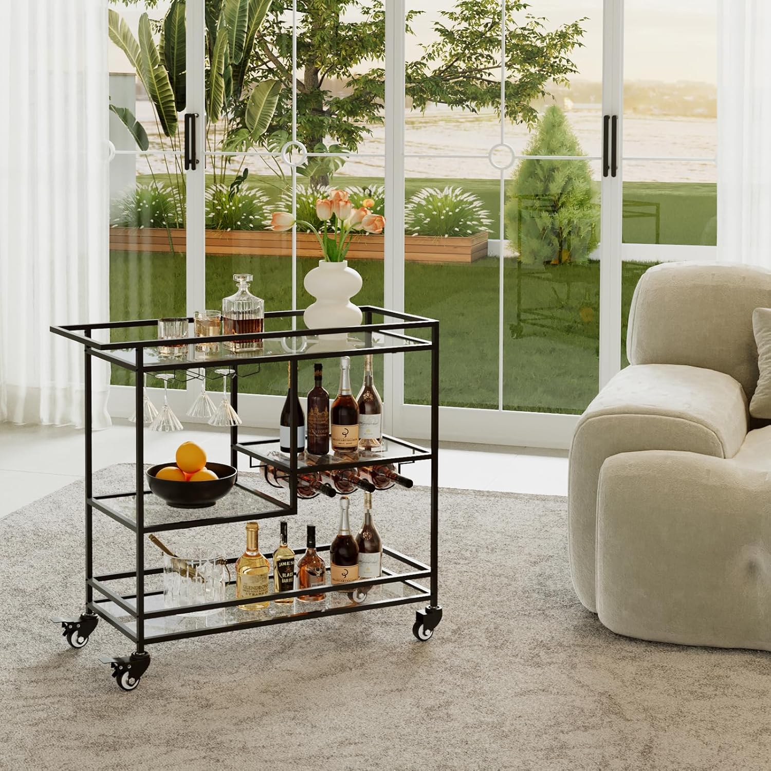 Black Bar Cart, Home Bar Serving Cart with Handle, Wine Cart with 3-Tier Glass Shelves, Beverage Cart with Wine Rack and Glass Holder, Bar Carts for The Home, Dining Room