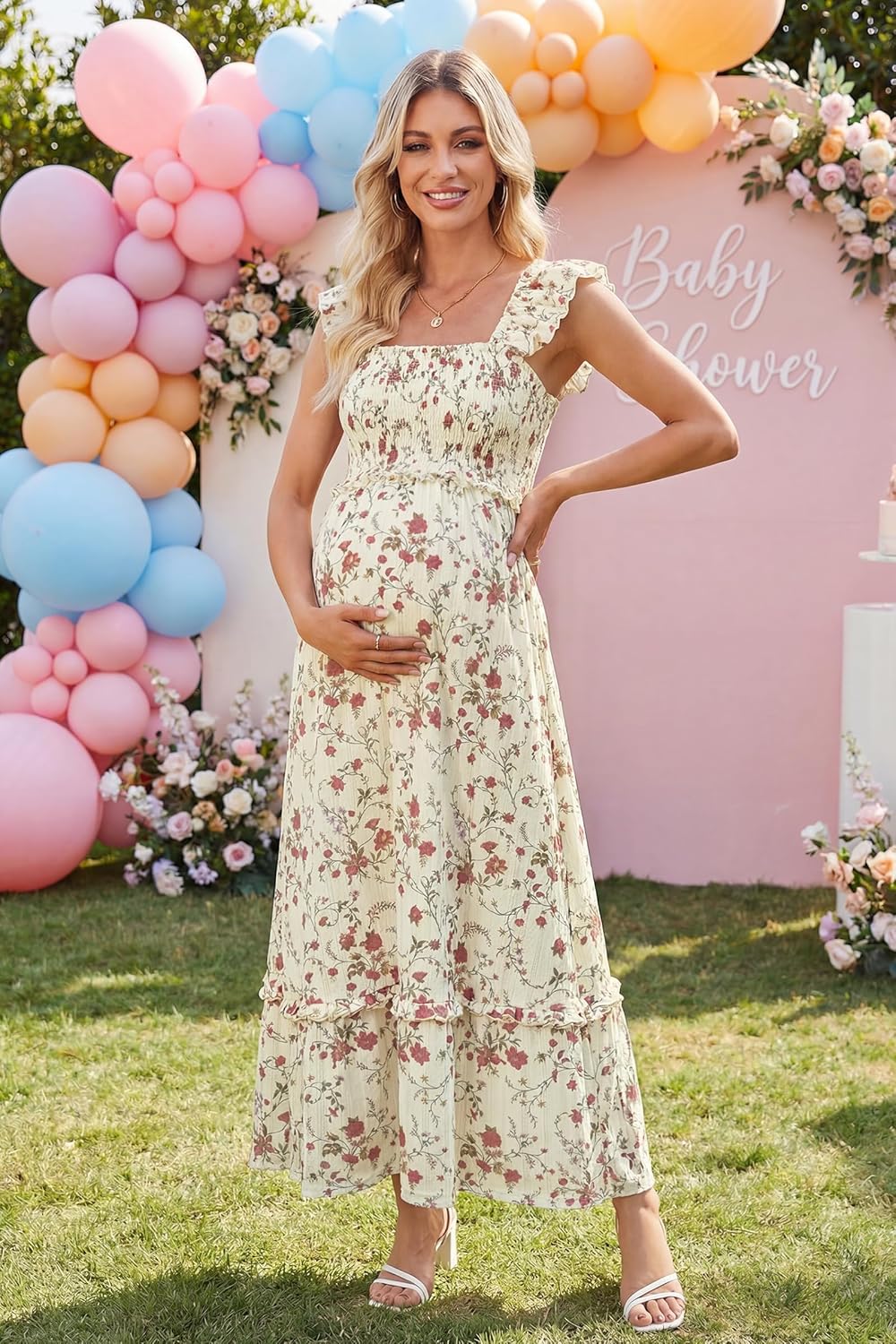 OUGES Womens 2026 Summer Maternity Photoshoot Dress Boho Maxi Smocked Baby Shower Dress Ruffle Sleeve Maternity Clothes