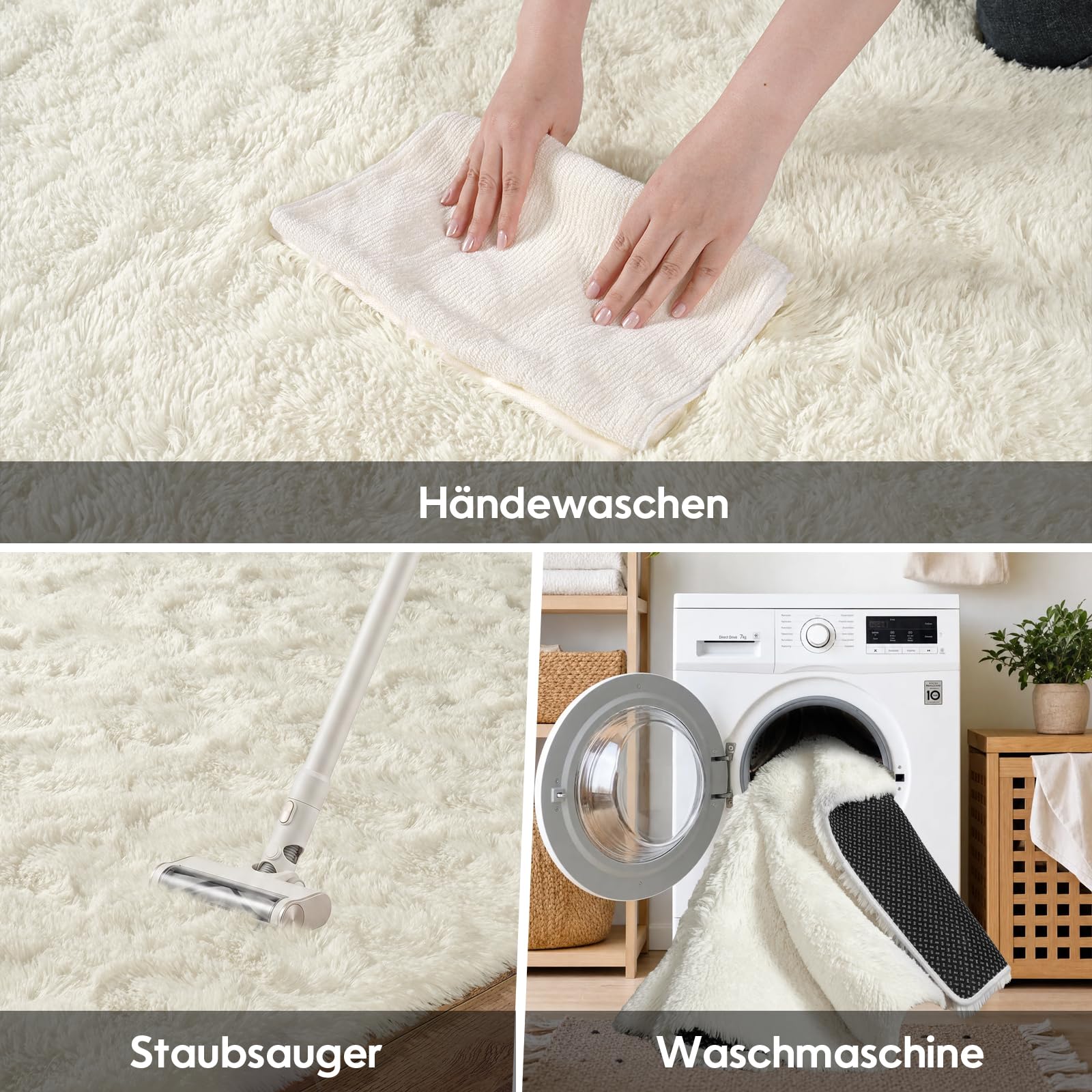 Hochflor Teppich Wohnzimmer Groß 160x230cm Flauschig Creme | Anti-Rutsch Unterseite Weich Teppiche Waschbarer Modern Shag Carpet Matte für Kinderzimmer Schlafzimmer