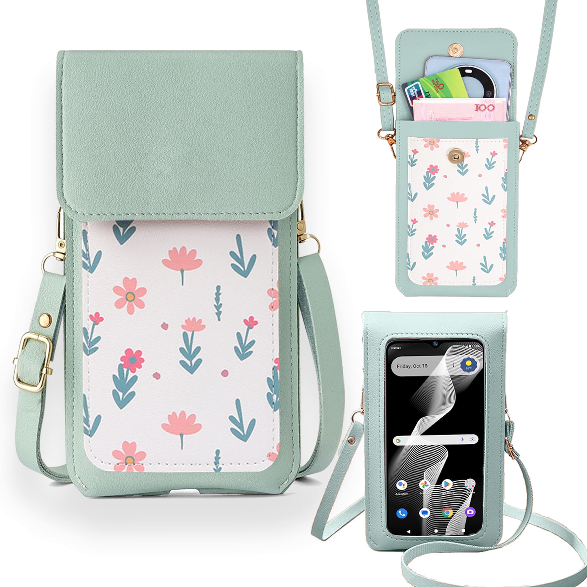 Tuxiwei Wallet Case For Nuu Mobile N13 [Long Lanyard Strap] Clear Touch Screen Crossbody Bag Purse, Floral Pattern PU Leather Crossbody Handbag With
