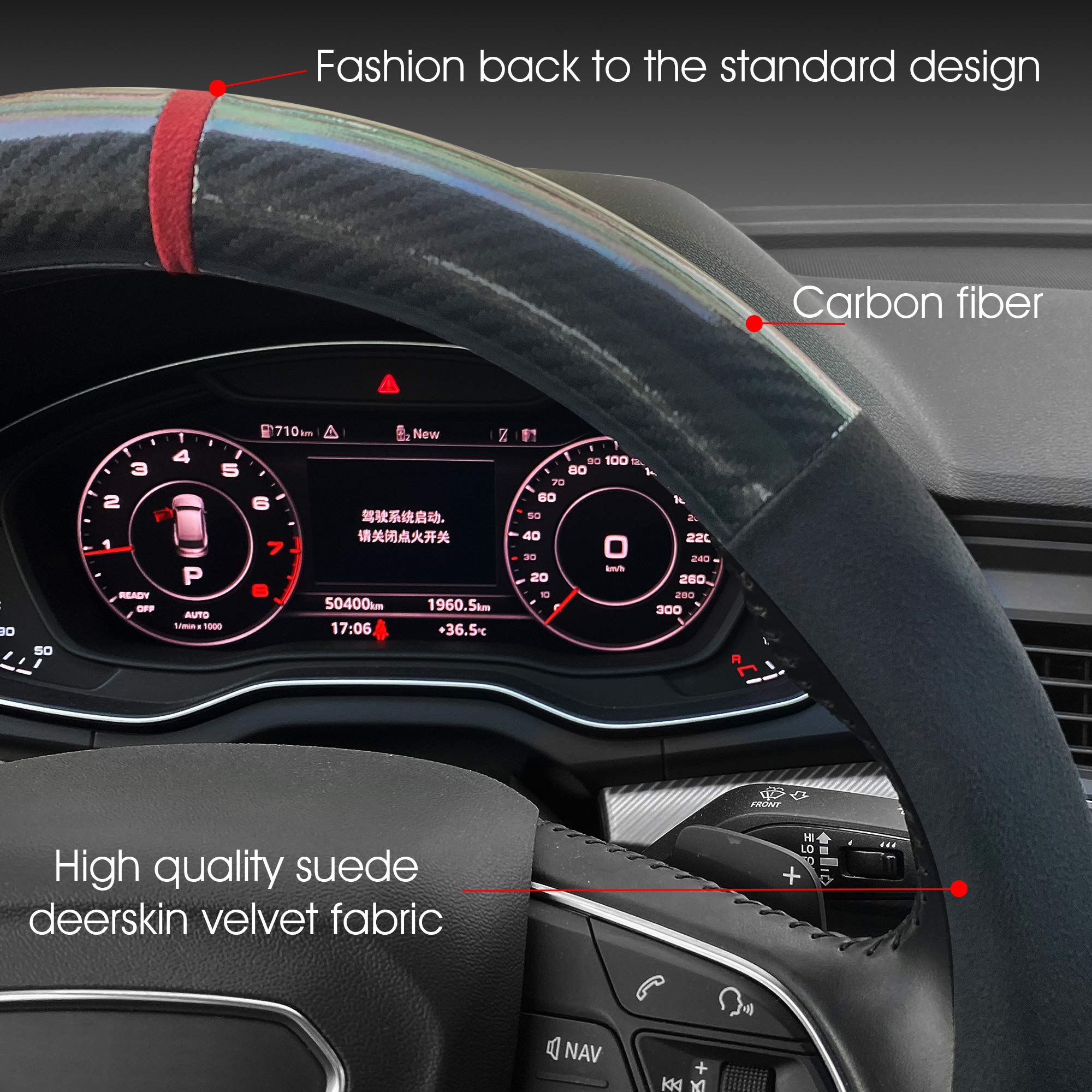 Carodi - Coprivolante per auto in pelle scamosciata effetto fibra di carbonio, antiscivolo, accessorio decorativo per interni dell’auto, universale, 38 cm, nero