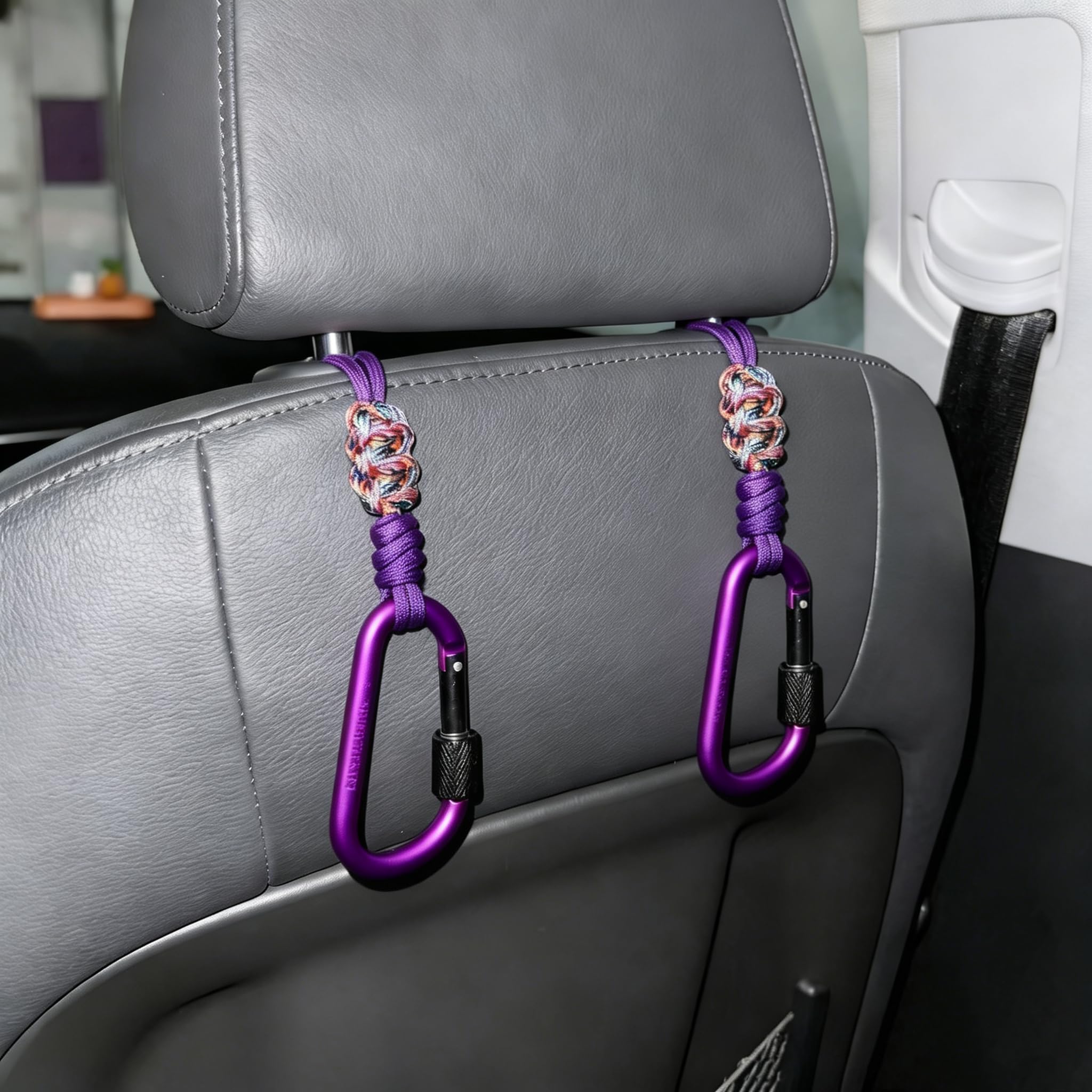 HwCknPT Car Seat Back Hooks 2 Pack - Heavy Duty Rope & Metal Buckle Car Hangers, No Wobble Multi-Purpose Organizer for Grocery Bags, Backpacks,