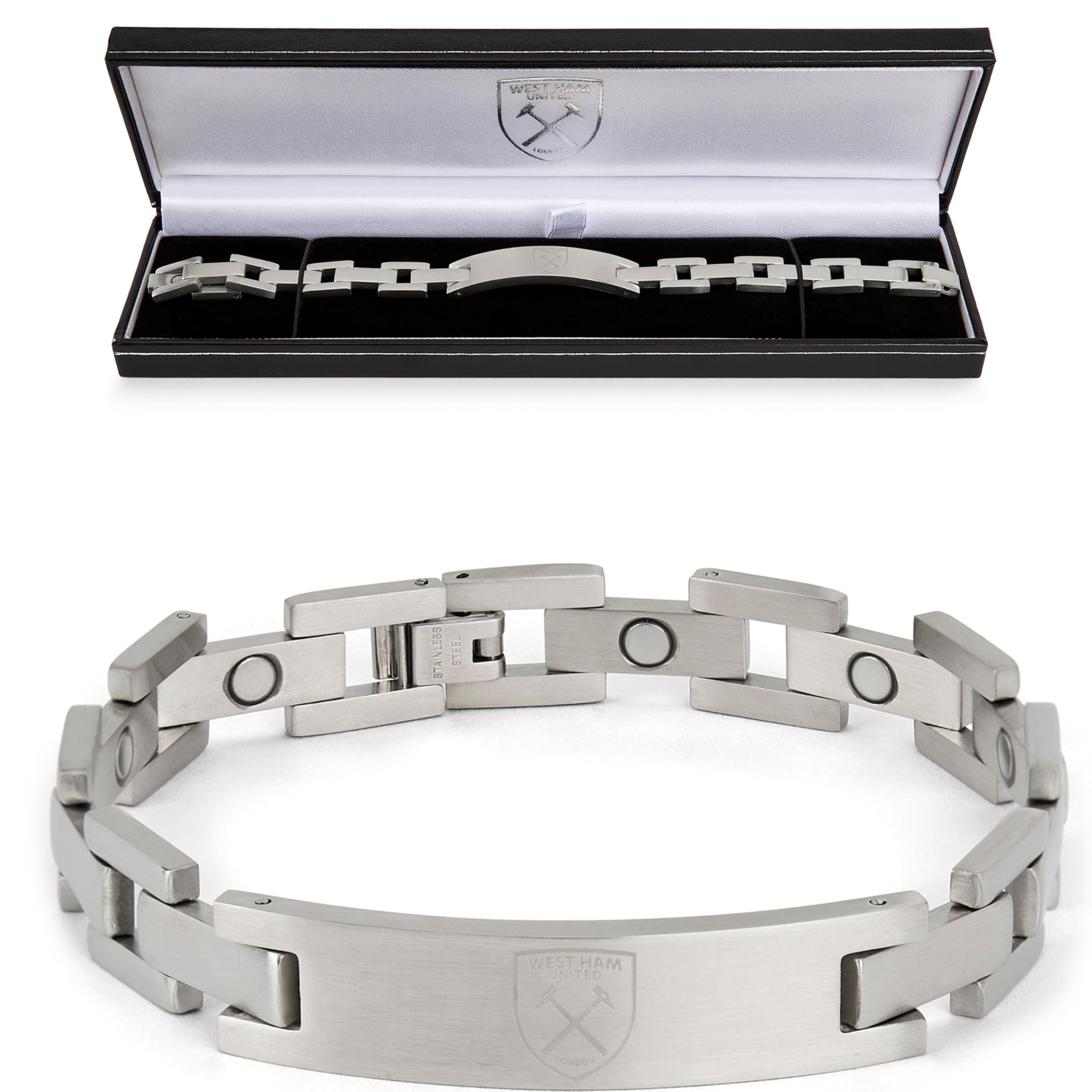 The Gift Scholars Official Club Merchandise West Ham United FC Crest Bracelet, Stainless Steel Link Chain, Official WHUFC Jewellery