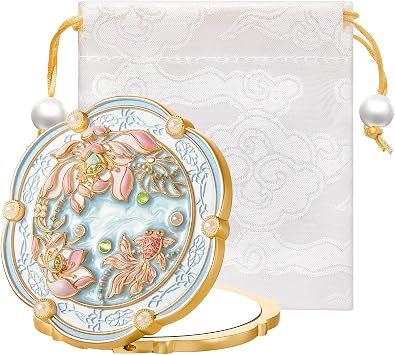 Lotus Bloom Compact Mirror, Chinese Style Makeup Mirror | 2X Magnifying, Small Mirror for Purse Pocket, Mini Portable Folding Design, Blue Gift for Women Girls