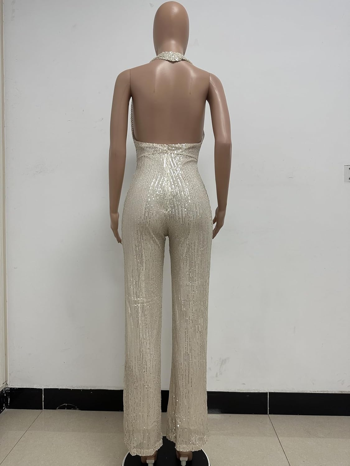 Women's Sexy Halter Cowl Neck Sparkly Jumpsuits Clubwear Sleeveless Elegant Sequins Bodycon Wide Leg Pants Rompers - Image 4
