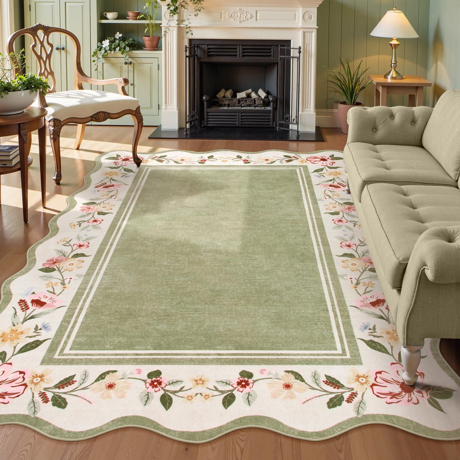 Lahome Scalloped Rug Green Living Room Rugs 8x10,Non-Slip Soft Bedroom Rugs Stain Resistant, Floral Bedroom Rug 8x10 Under Bed Carpet for Nursery Playroom Dining Room 8' x 10' (Rectangular)