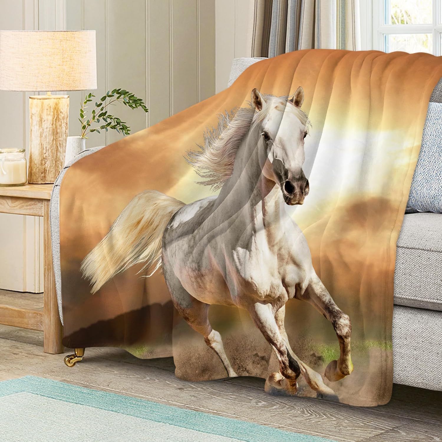 White Horse Throw Blanket for Couch, Super Soft Fuzzy Throws Warm Comfortable Plush Fleece Blanket, Fashion Decorative Flannel Fleece Blanket for All Season(50 x 60 in, White Horse& Sunset) - Image 5
