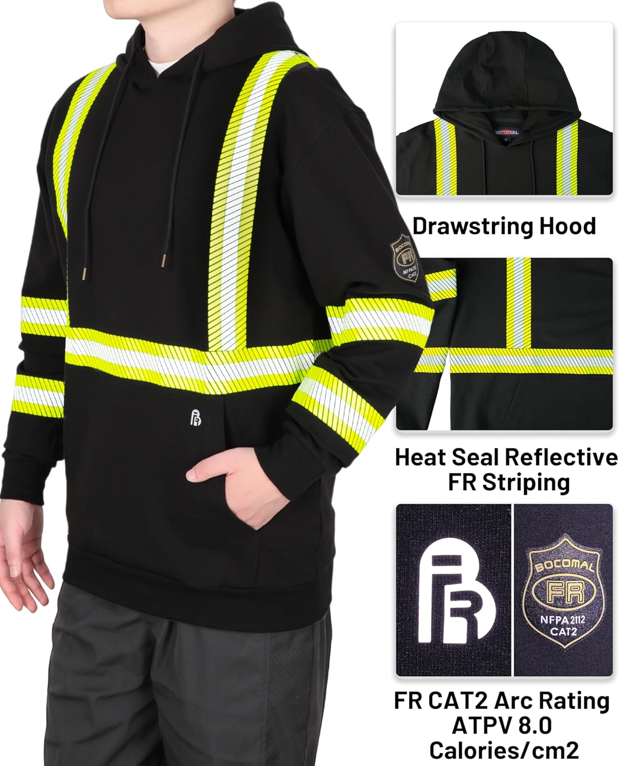 BOCOMAL FR Hoodies Pullover High Visibility 7.5oz Lightweight Non Fleece Hi vis Flame Resistant Reflective Hooded Sweatshirts - Image 3