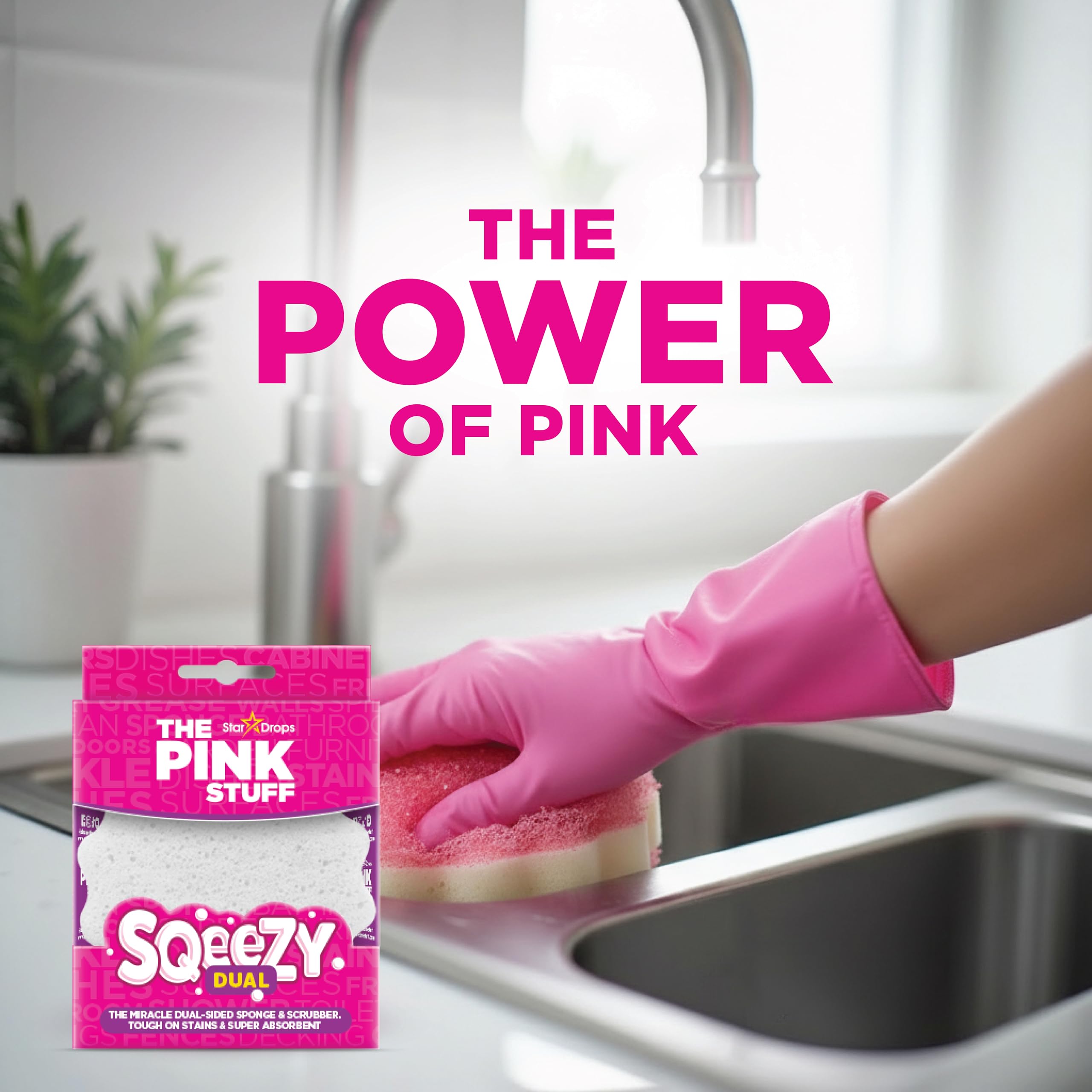 The Pink Stuff SQeeZY Dual Sided Scrubber Sponge - Scratch Free Solution for Ultimate Home Cleaning, Kitchens, Bathrooms, Oven, Outdoor use and more — view 6