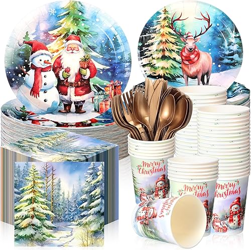 240 platos y servilletas de papel de Navidad para 30 invitados, suministros de fiesta de Navidad, juego de vajilla desechable de Navidad, platos