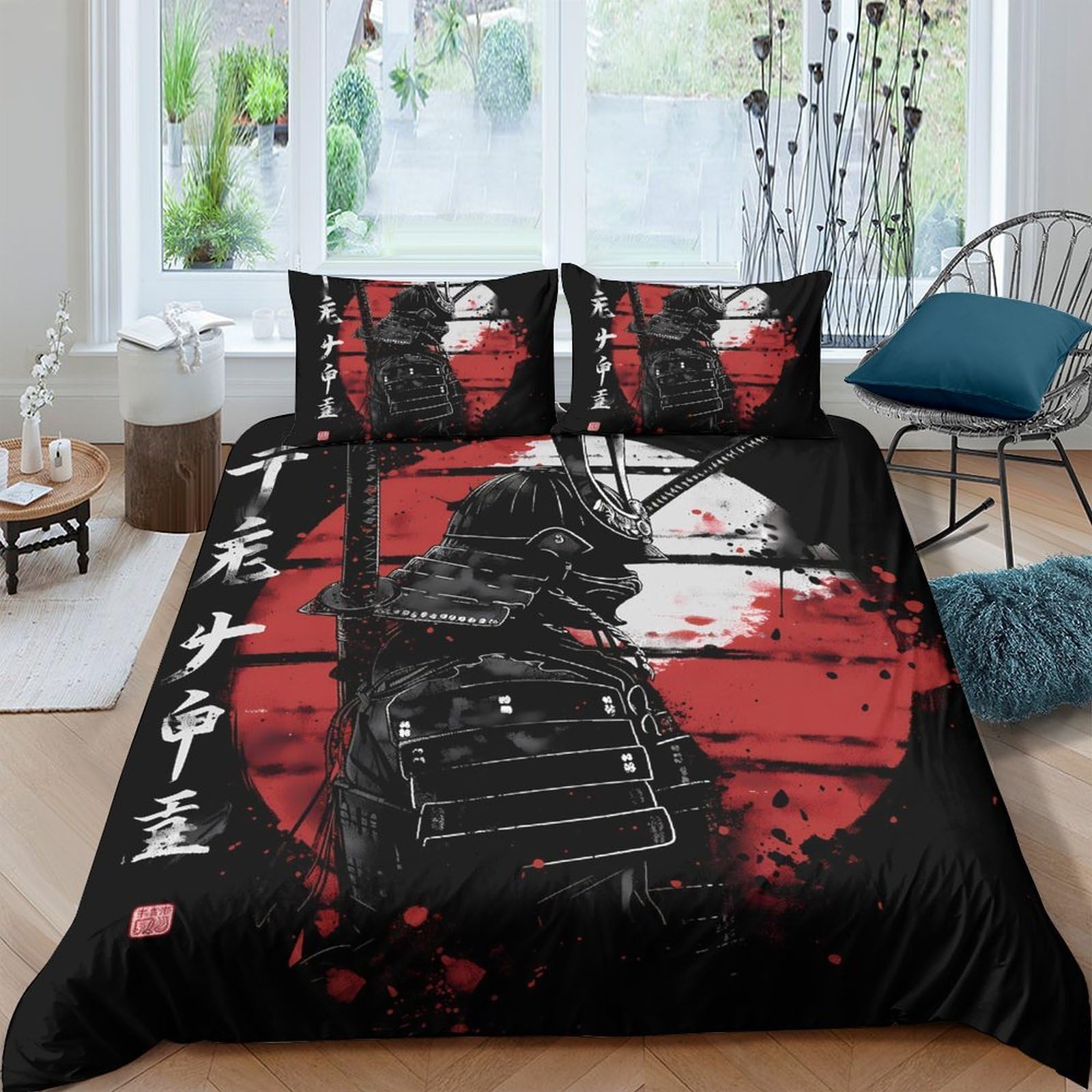 Ctjqhvkz Style-8 3D Printed Samurai Red Sun Fitted Sheet Microfiber Black Japanese Ink Art Mattress Cover Bedroom Decor Single（135X200cm）