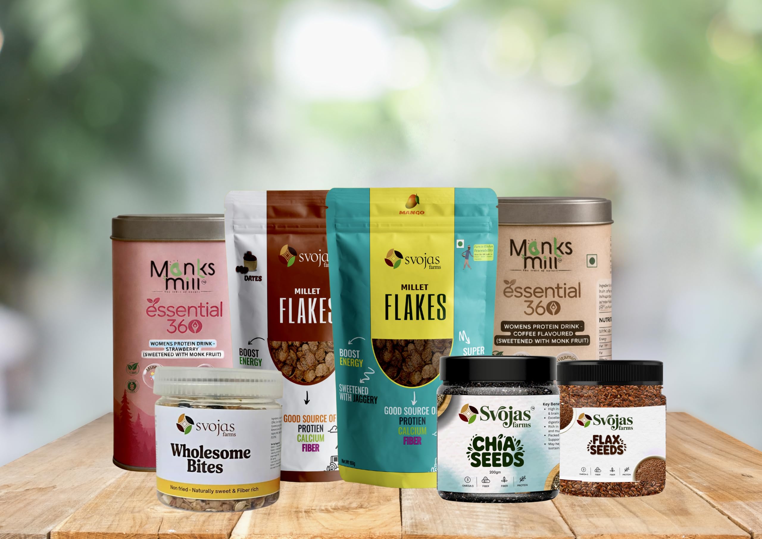 Monks Mill Wellness Drink, Women's Nutrition Combo, Coffee Strawberry Wellness Drink, Muesli, Flakes, Chia & Flax Seeds, High Fibre Healthy Breakfast Kit, 1110g-image-1