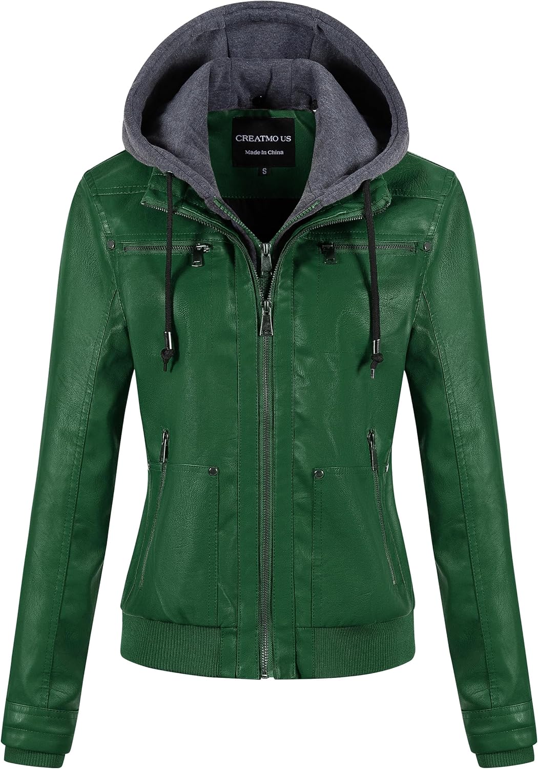 CREATMO US Women's Faux Leather Jacket Waterproof Motorcycle Bomber Jacket Vintage PU Moto Biker Coat With Removable Hood