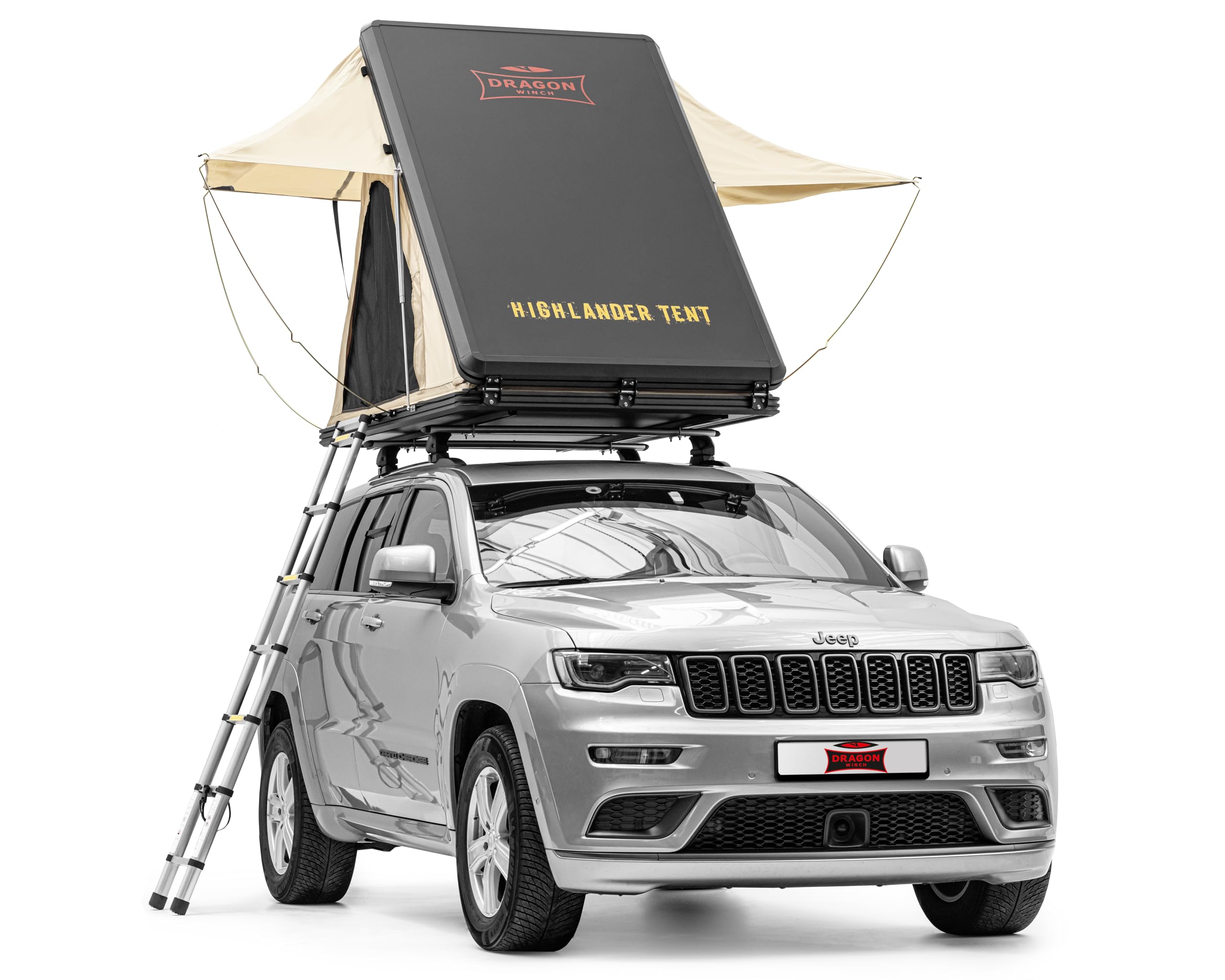 Dragon Winch Tenda da Tetto per Auto, in alluminio, per 2 persone, con materasso, scala telescopica, tasche per accessori, zanzariere + LED tenda da campeggio comoda, spaziosa e mobile | impermeabile