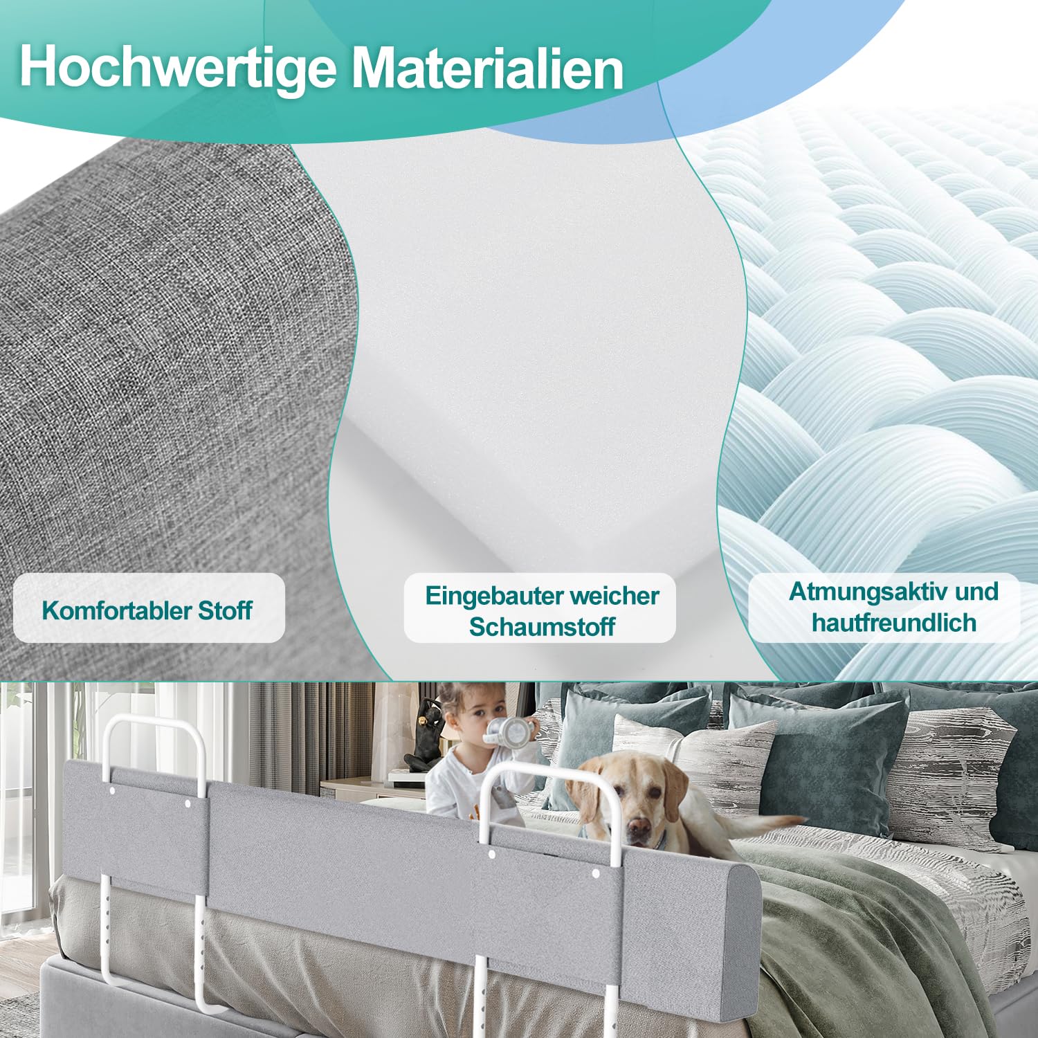 2xBettgitter für Kinder 150cm, Bettschutzgitter 5-Loch Höhenverstellbar, Rausfallschutz Bett, Kinderbettgitter, klappbar Bettgitter, Einfach zu Montieren(Grau)