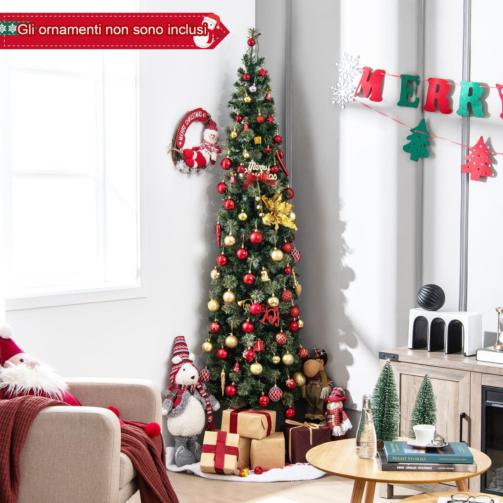 RELAX4LIFE Mezzo Albero di Natale da Parete 210 CM con Luci LED Incorporate, Rami Foglie Realistico in PVC, Base Pieghevole in Metallo, e Aghi di Pino (Modello 2)