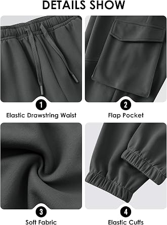 Herberton Men's Sweatpants Casual Exercise Joggers Cargo Outdoor Elastic Waist Pockets Tapered Drawstring Cuff Sweatpants Dark Grey L