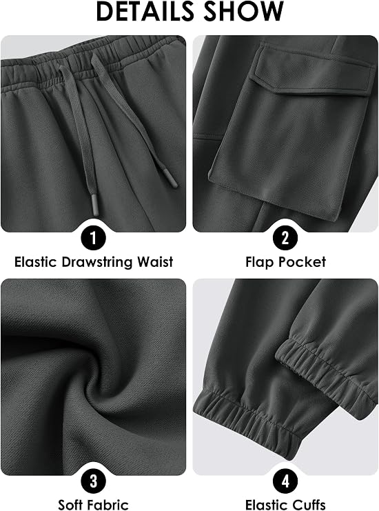 Herberton Men's Sweatpants Casual Exercise Joggers Cargo Outdoor Elastic Waist Pockets Tapered Drawstring Cuff Sweatpants Dark Grey L