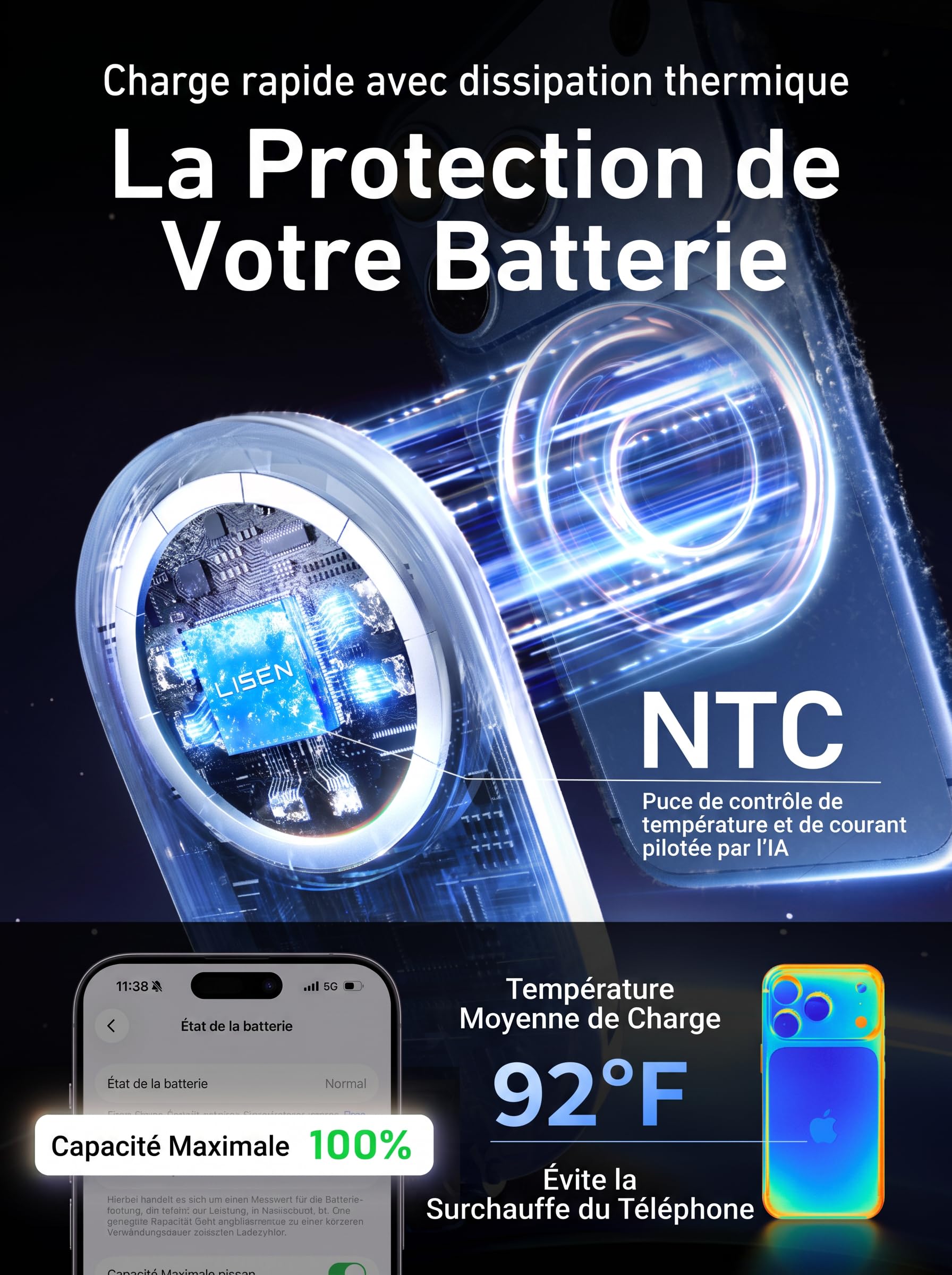 LISEN Station de Charge Apple Qi2.2 25W 3 en 1 - Station de Charge iPhone - Réglable à 70° - pour iPhone 17 Pro Max/16/15/14/13/Apple Watch/AirPods - avec Bloc d'alimentation 45 W