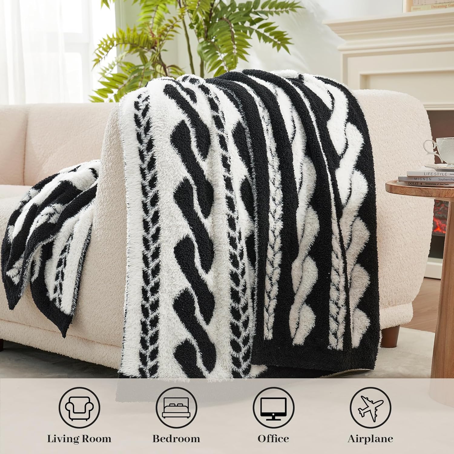 Amélie Home Knit Throw Blanket for Couch, Super Soft Fuzzy Cozy Throw, Giftable Knitted Blanket for Women Men, Birthday, Sofa Bed Living Room Decor, 50" x 60", Cable Black & White - Image 4