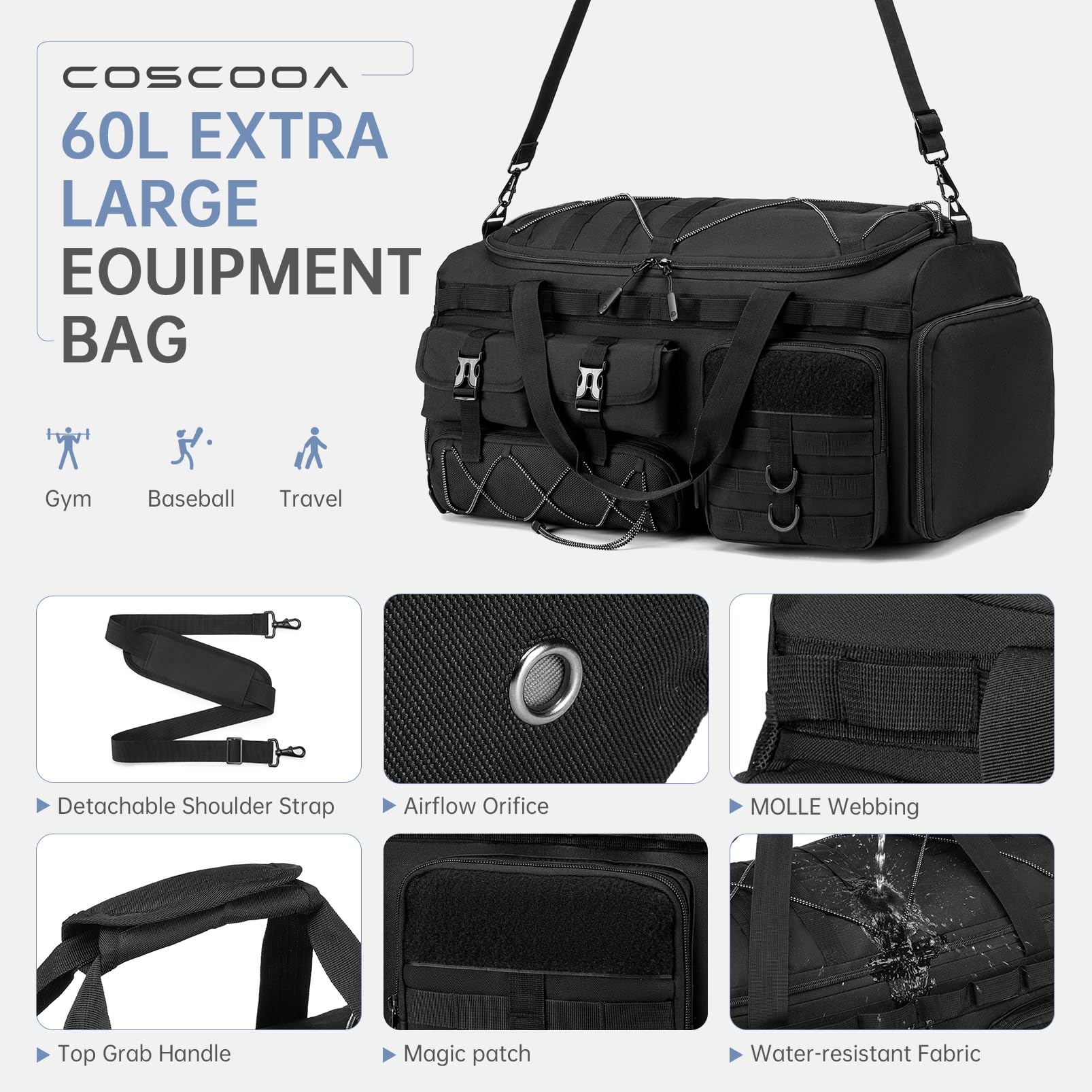Turnbeutel für Herren mit Schuhfach, 50 l/60 l, taktische Reisetasche, 3-in-1-Handgepäcktasche, Reiserucksack, Wochenender, Übernachtungstasche für Workout, Fußball, Schwarz, Schwarz, 60L