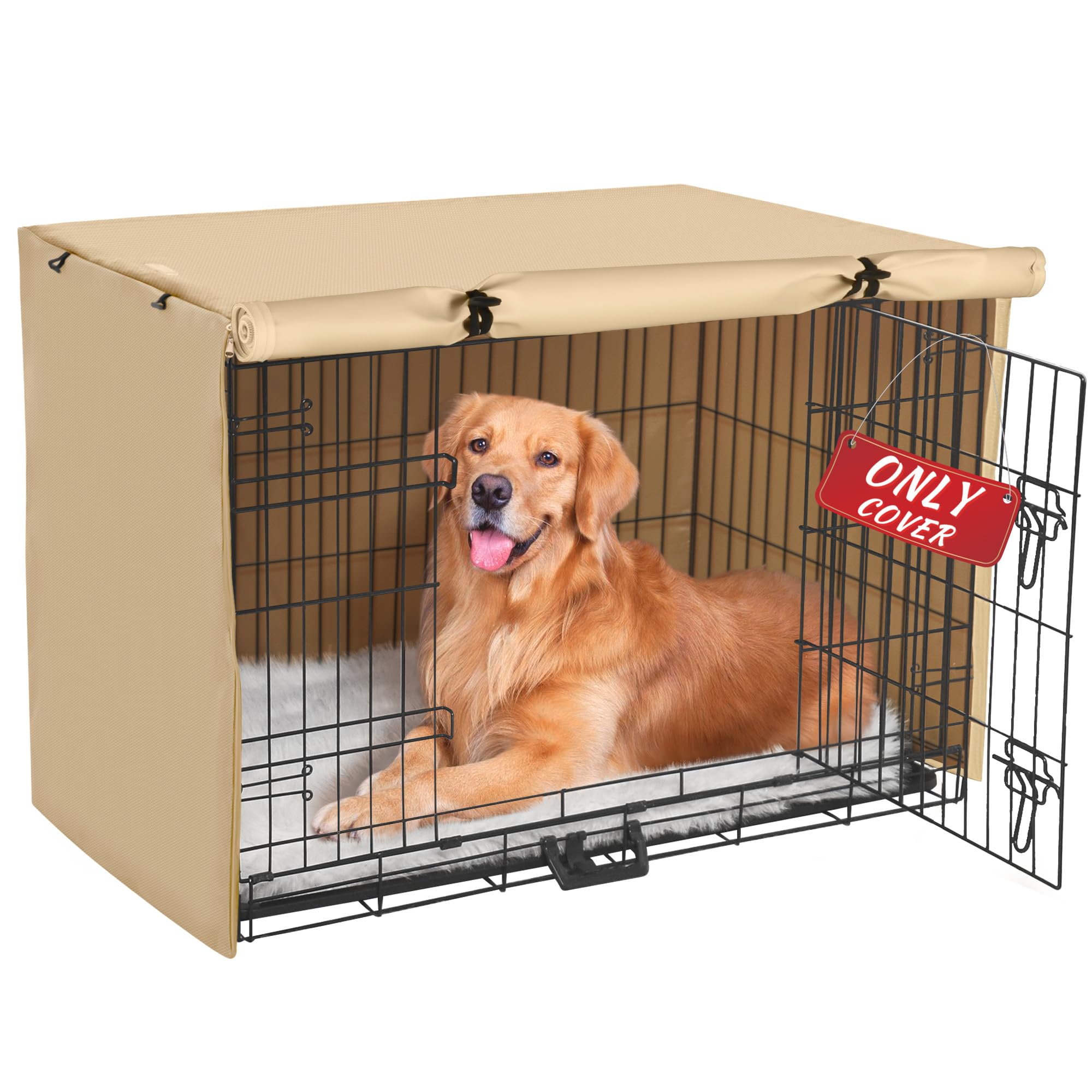 Dog Crate Cover - Double Door Waterproof Pet Kennel Cover, Durable 600D Polyester Protective Cage Cover for 24/30/36/42/48 Inch Dog Crate - Beige