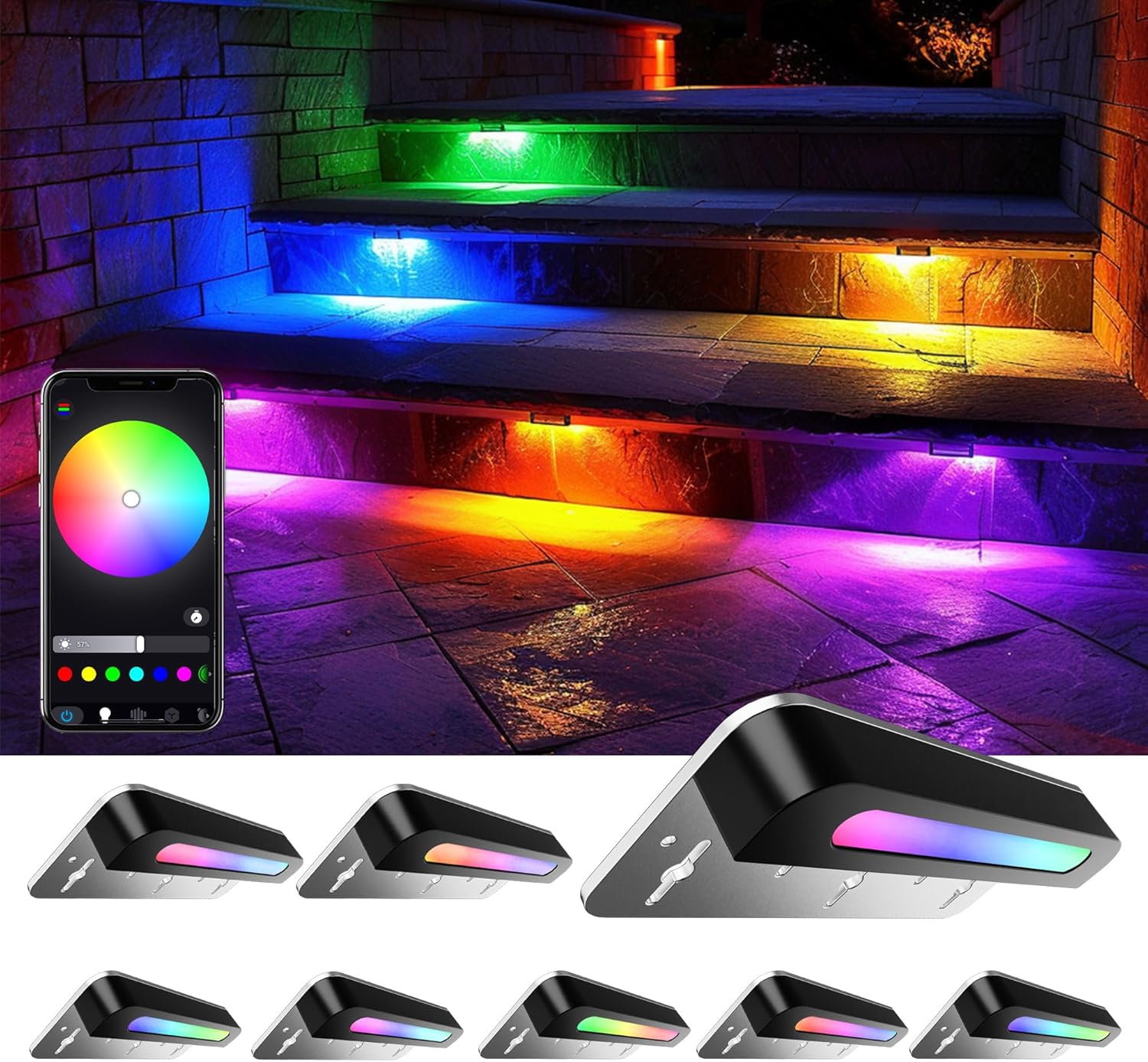 ASLONG 8PCS 7 inch RGB LED Hardscape Lighting, Retaining Wall Lights RGB Color Changing & Warm White, Low Voltage LED Landscape Paver Lights Waterproof Outdoor Step Lights for Steps