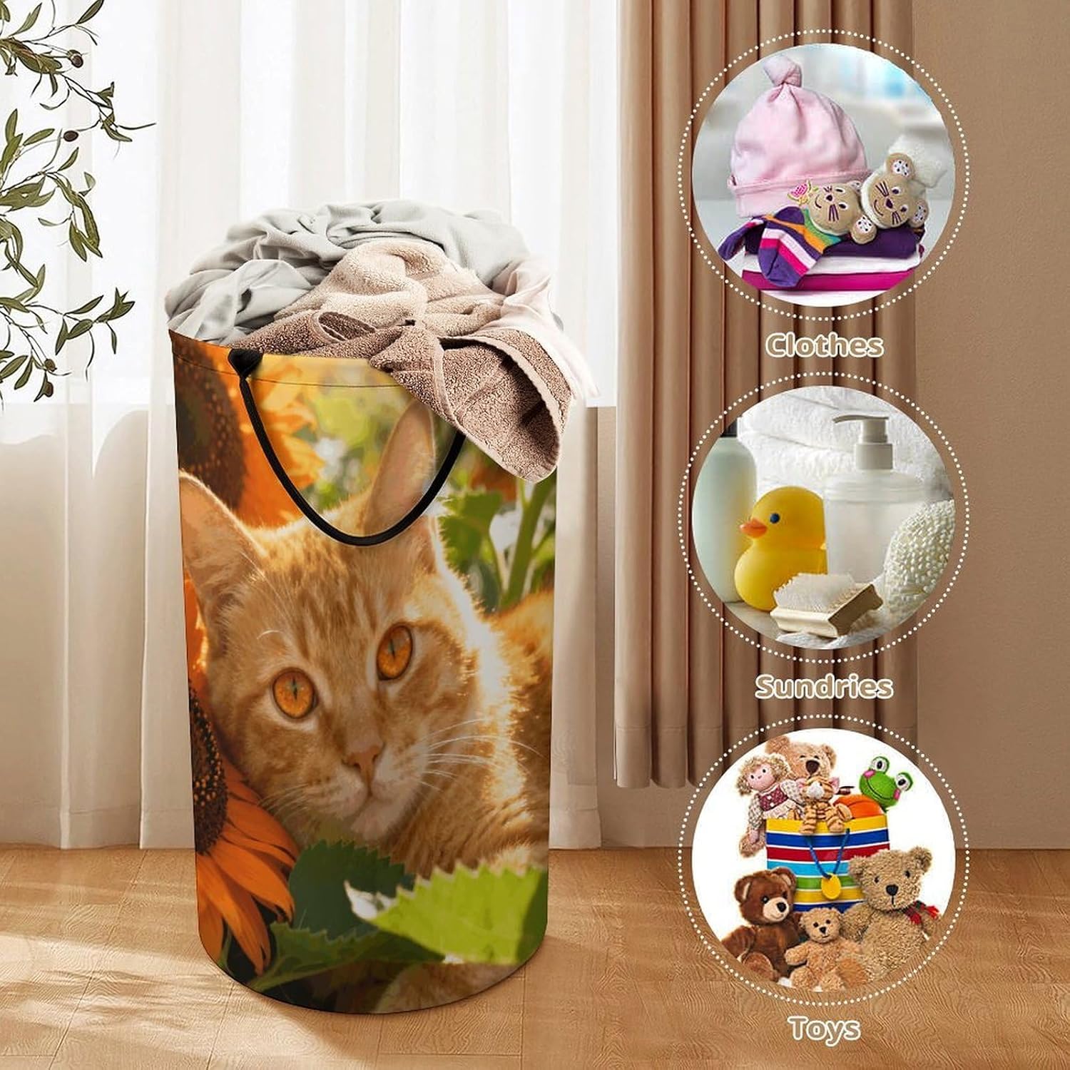 Golden Cat Sunflower Laundry Hamper with Handles Waterproof Collapsible Laundry Basket Large Lightweight Round Dirty Clothes Hamper for Home Dorm Bathroom Decor