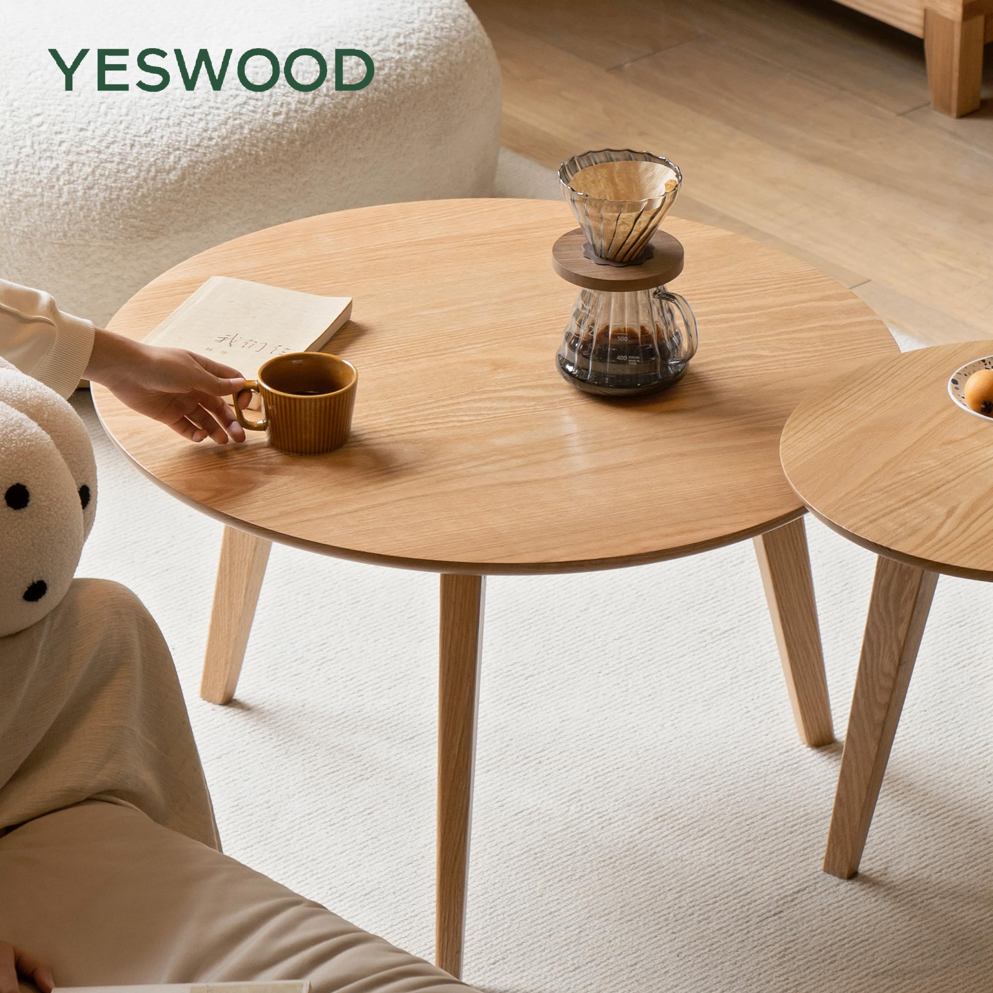 YESWOOD Table Basse Ronde en Chêne Massif, Style Moderne, Table d’Appoint pour Salon, Balcon, 60 x 60 x 35 cm, Chêne Naturel