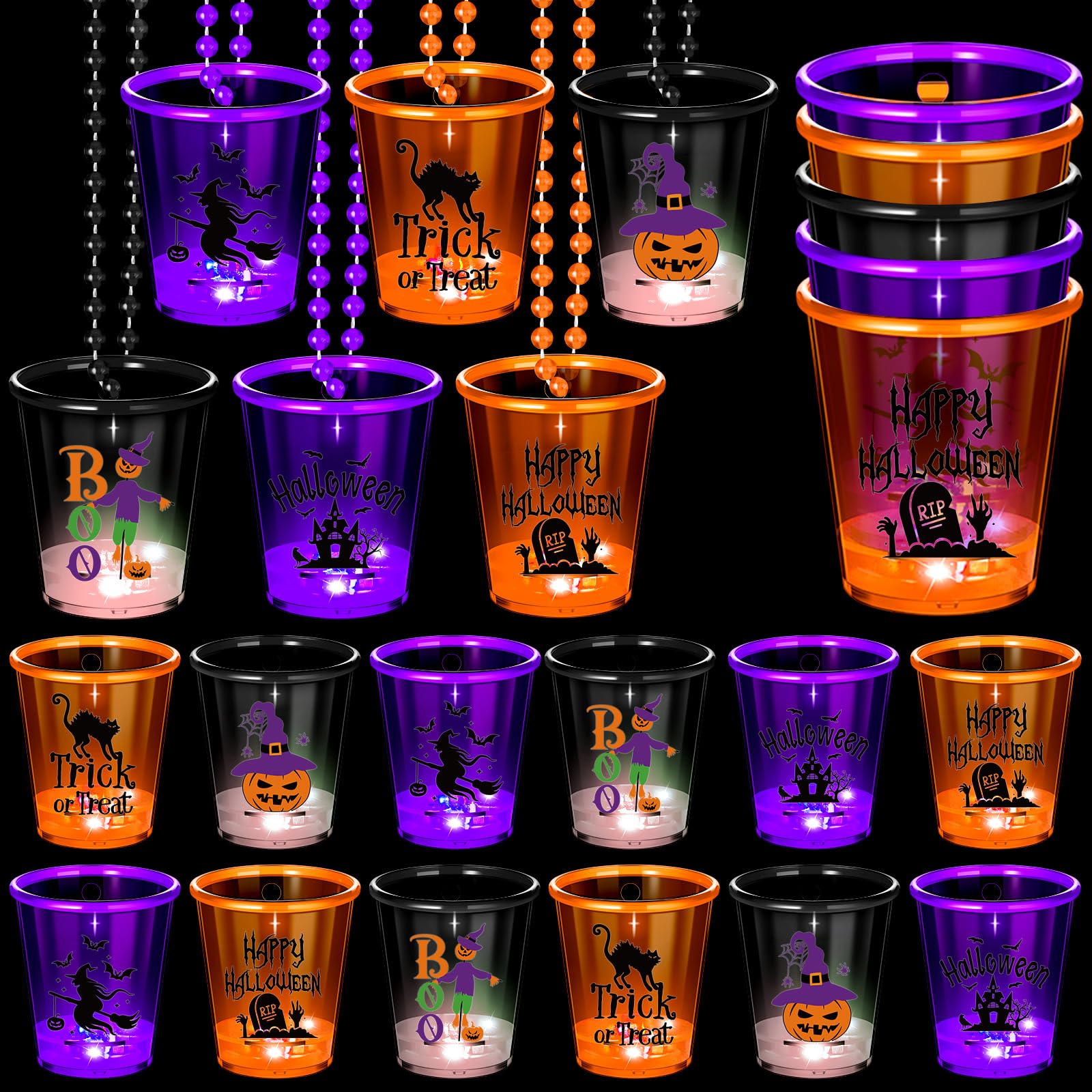 42 Pcs LED Light Up Halloween Shot Glass Necklaces Glow in the Dark Halloween Plastic Shot Necklace Cups Flash Shot Necklace Cups for Halloween Party Costume Supplies, 6 Styles