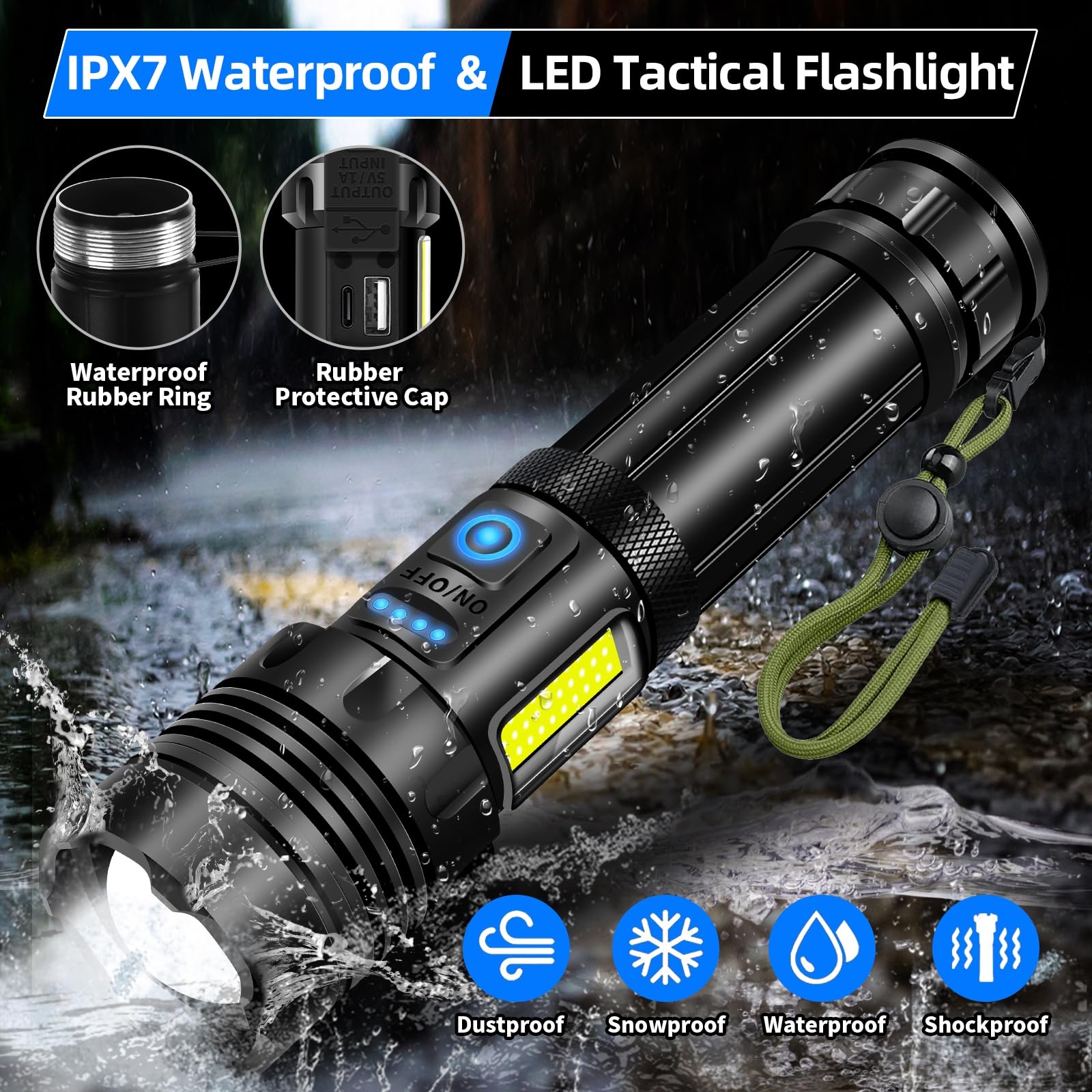 Lampe Torche LED VEKVA – Rechargeable USB – 990000LM – Tactique, Super Lumineuse, Zoomable – Noire