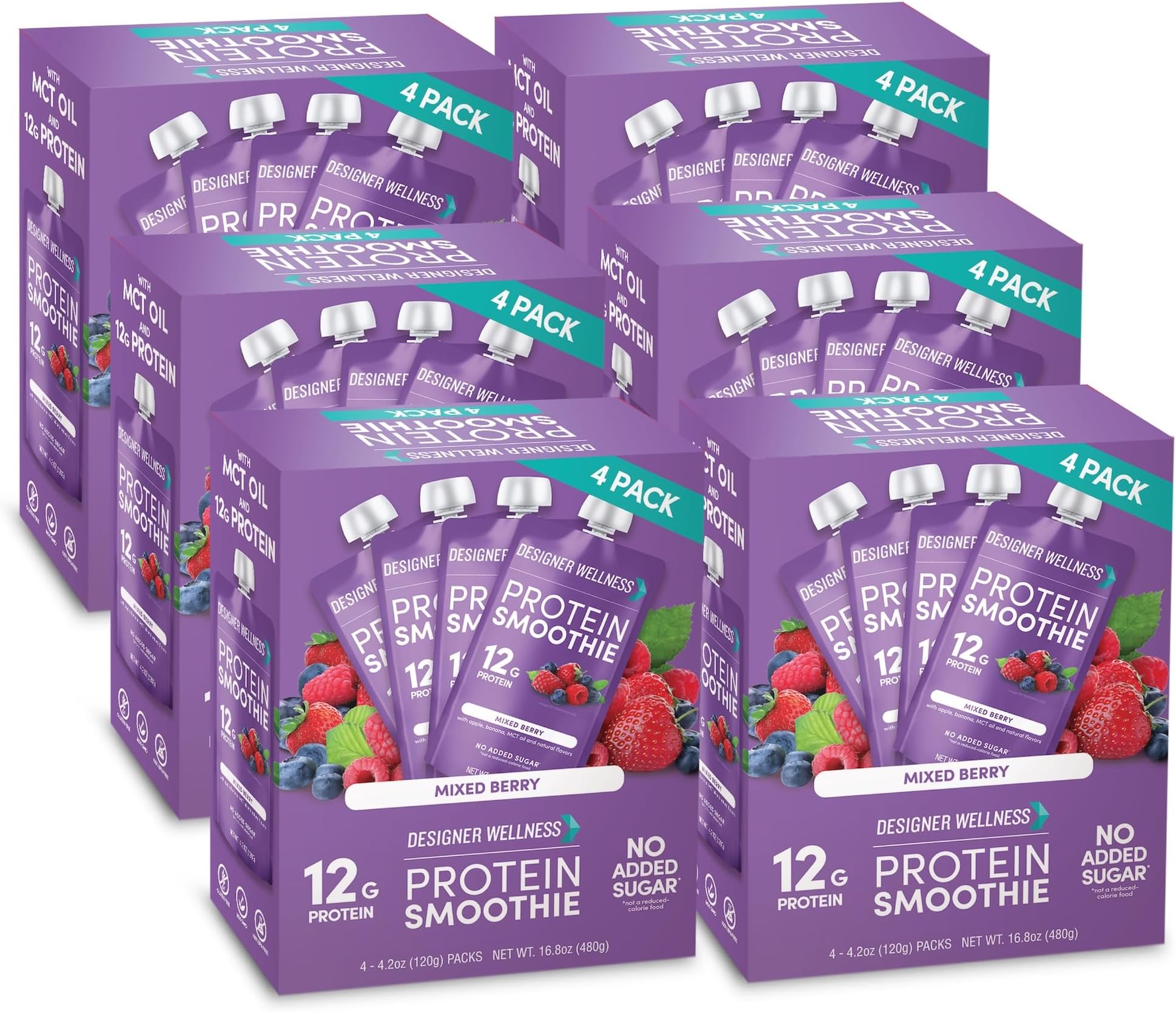 Designer Wellness Protein Smoothie, Real Fruit, 12g Protein, Low Carb, Zero Added Sugar, Gluten-Free, Non-GMO, No Artificial Colors or Flavors, Mixed Berry, 24 Count