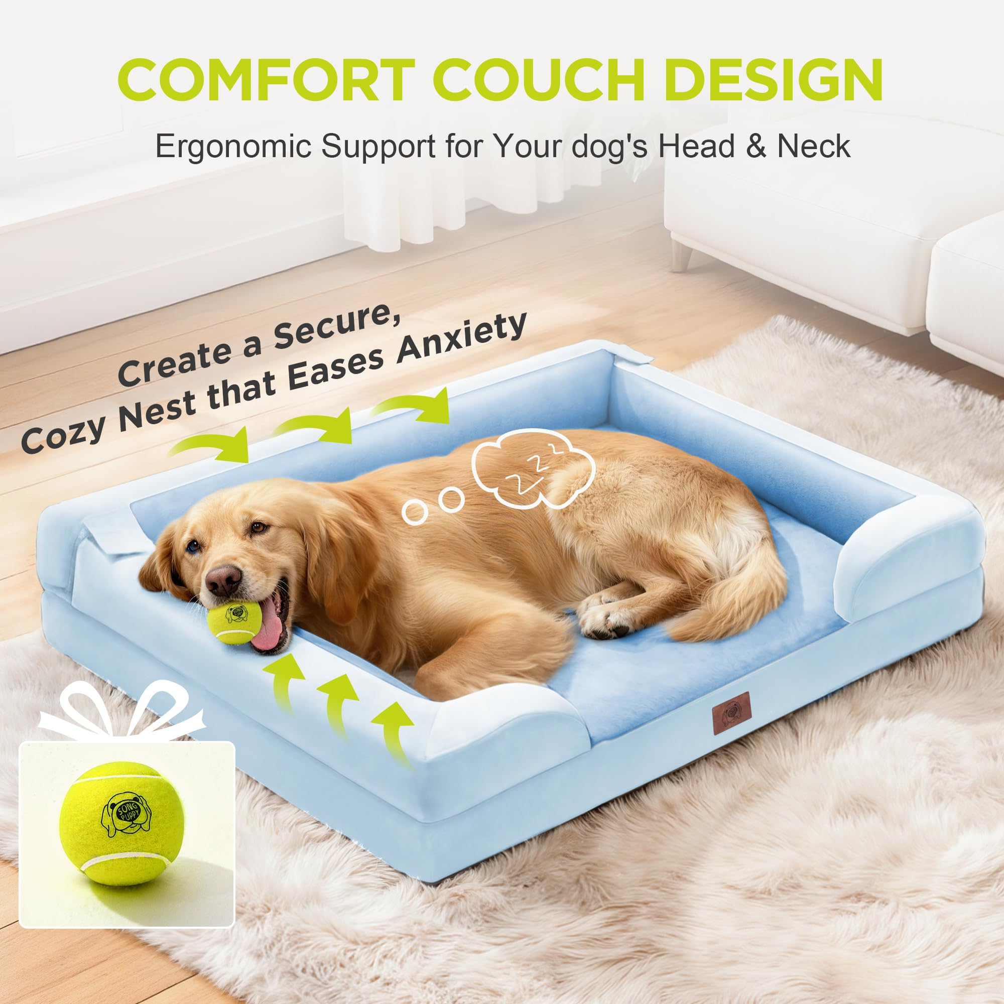 Orthopedic Dog Bed for Extra Large Dogs, XXL Waterproof Egg Crate Memory Foam Pet Bed Bolsters with Removable Washable Cover & Non-Slip Bottom, Tennis Ball Toy, 45x35 - image 7