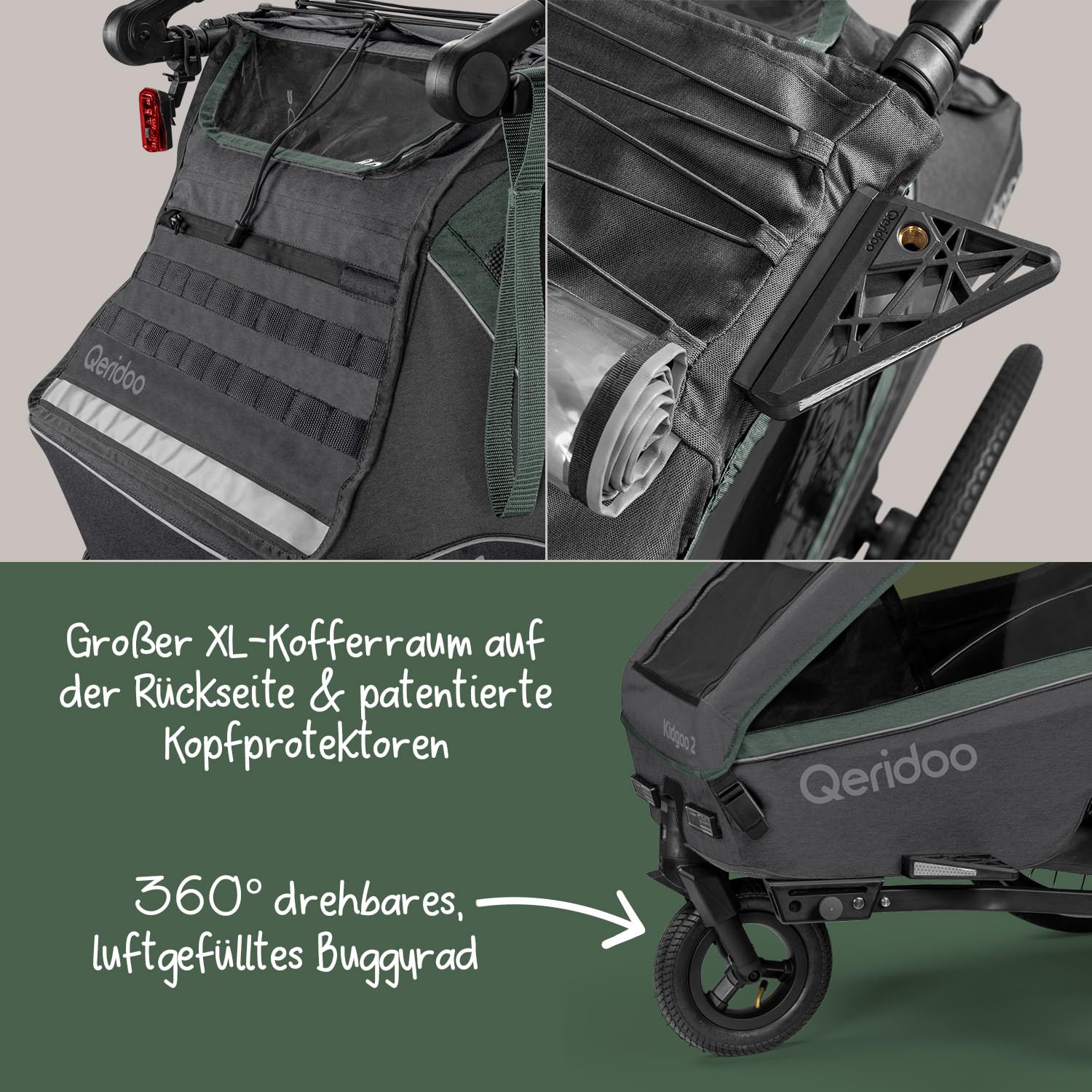 Qeridoo Kidgoo 2 Ivy Green Remorque de vélo pliable avec harnais à 5 points et système de fixation Easy-ARS pour 2 enfants avec roue de poussette rotative à 360° et protections de tête brevetées