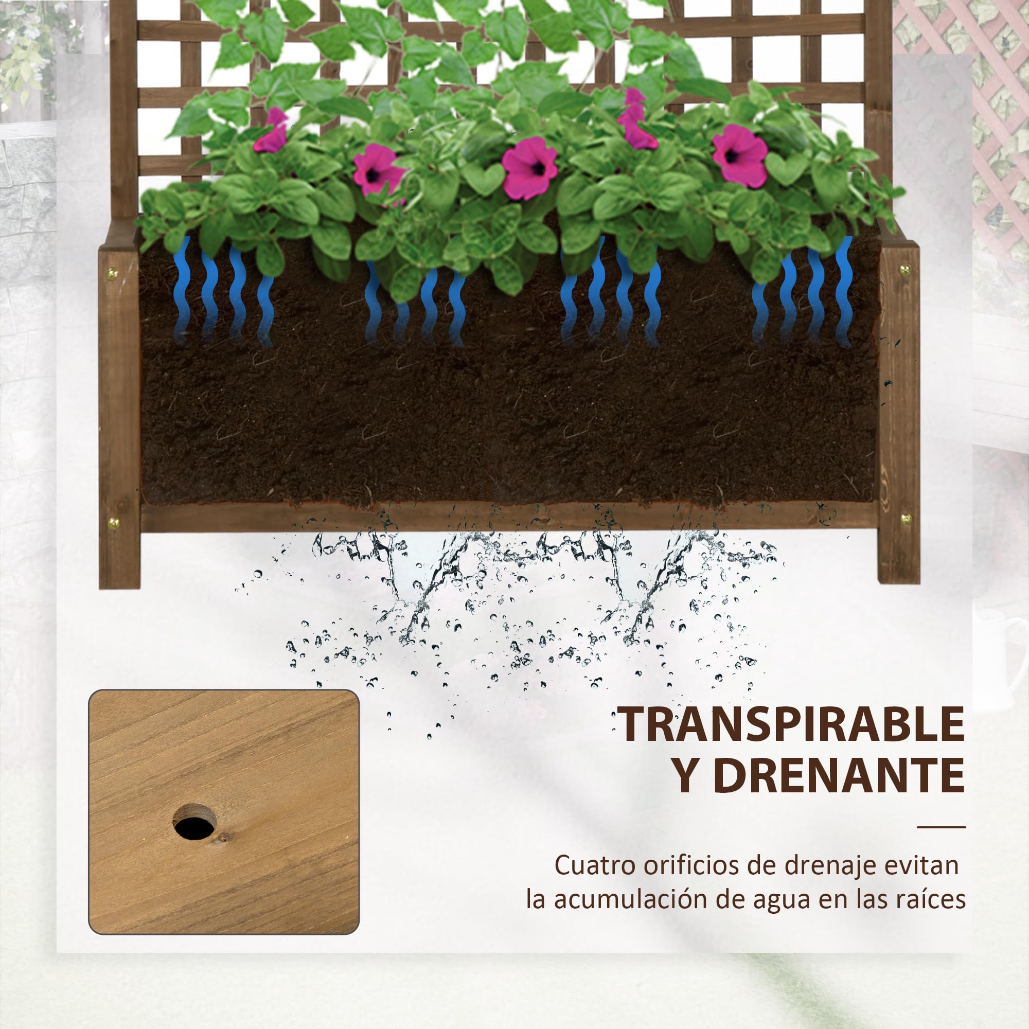 Outsunny Jardinera con Enrejado de Madera Macetero de Jardín con Soporte para Trepadora Cultivo de Plantas Flores Jardinera con Celosía para Exterior Patio Terraza 90x45x183 cm Marrón