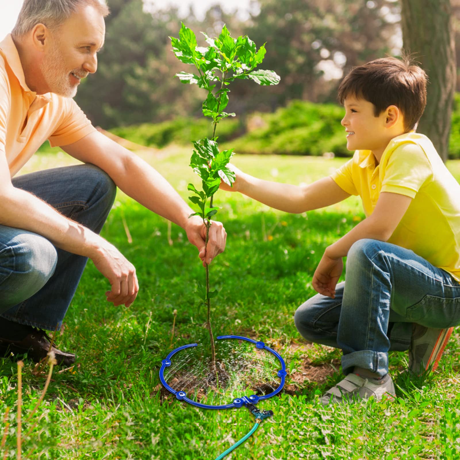 ZZM Sistema de agua de árbol de 360°, anillo de riego circular y sistema de riego específico con divisor de manguera en Y para plantas al aire libre, camas de jardín elevadas, arbustos (grande)