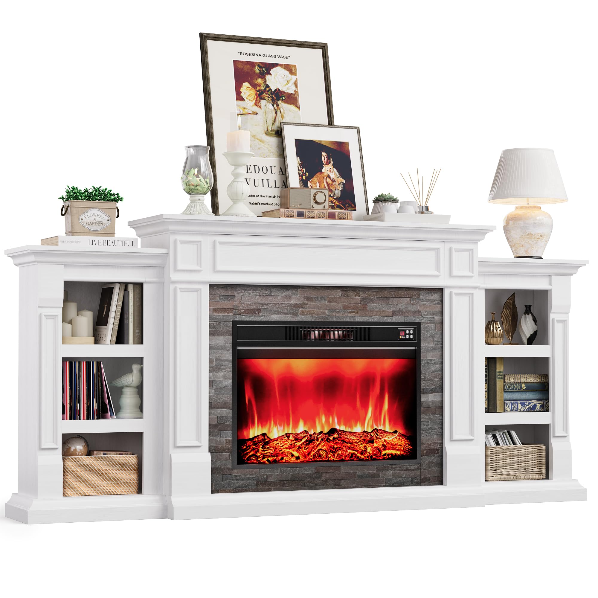 80" Electric Fireplace with Mantel, Fireplace TV Stand for TVs Up to 90 Inch, Modern Entertainment Center with Storage, Realistic Stacked Stone