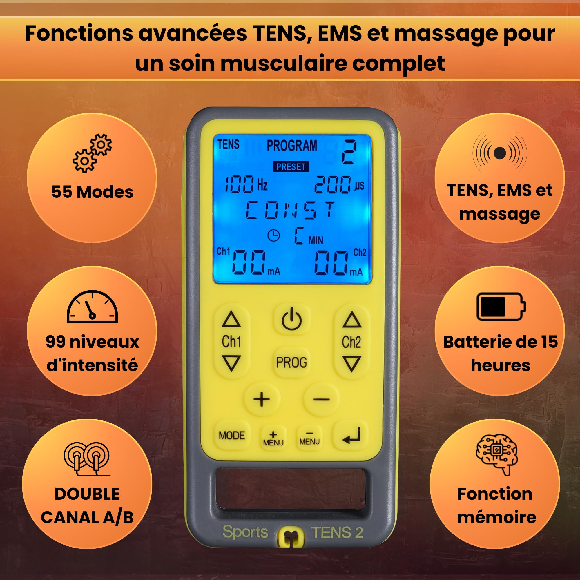 TensCare Sports Tens - Électrostimulateur Musculaire, programmes prédéfinis TENS, EMS, Massage et manuel, Soulagement de la douleur, tonification musculaire et relaxation. + 12 électrodes