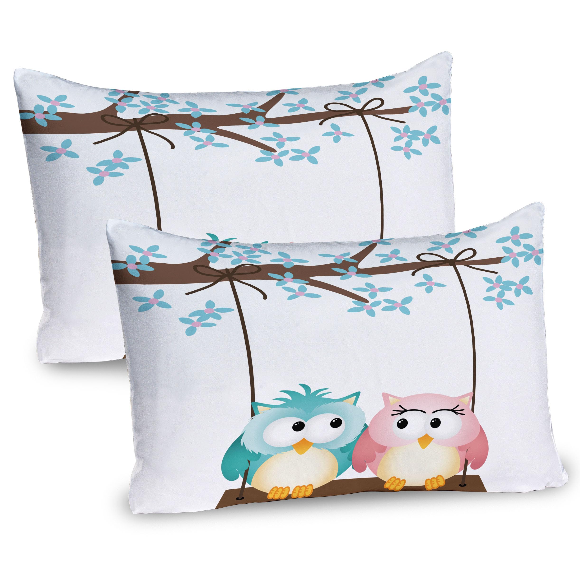 Ambesonne Cartoon Pillow Sham Set of 2, 2 Owls in Love on a Swing Blossoming Tree Branch Spring Romance, Quality Microfiber Bedding Item for All Seasons, 36